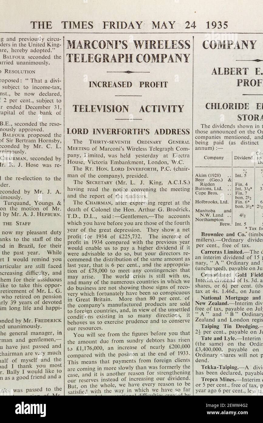Informe sobre los beneficios de Marconi's Wireless Telegraph Company en el periódico Times, Londres, Reino Unido, viernes 24th de mayo de 1935. Foto de stock