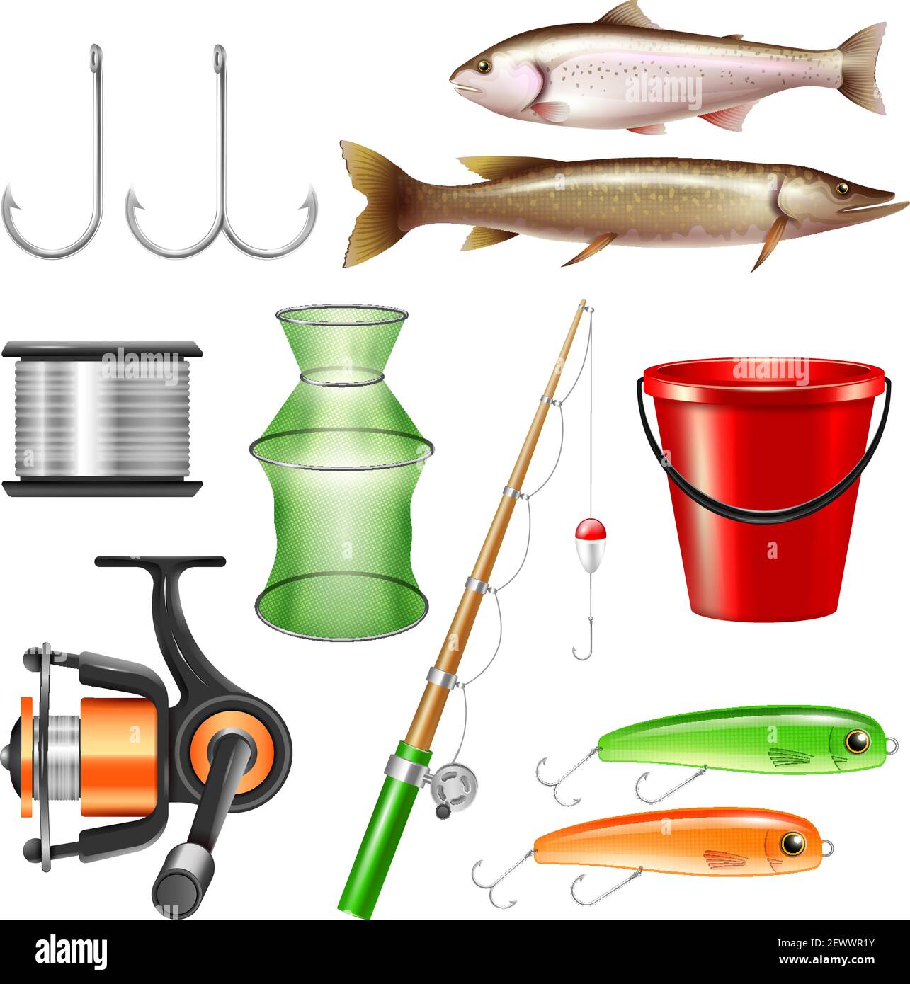 Un juego de pesca realista con imágenes aisladas de aparejos de peces y. piezas de equipo sobre fondo blanco ilustración vectorial Ilustración del Vector