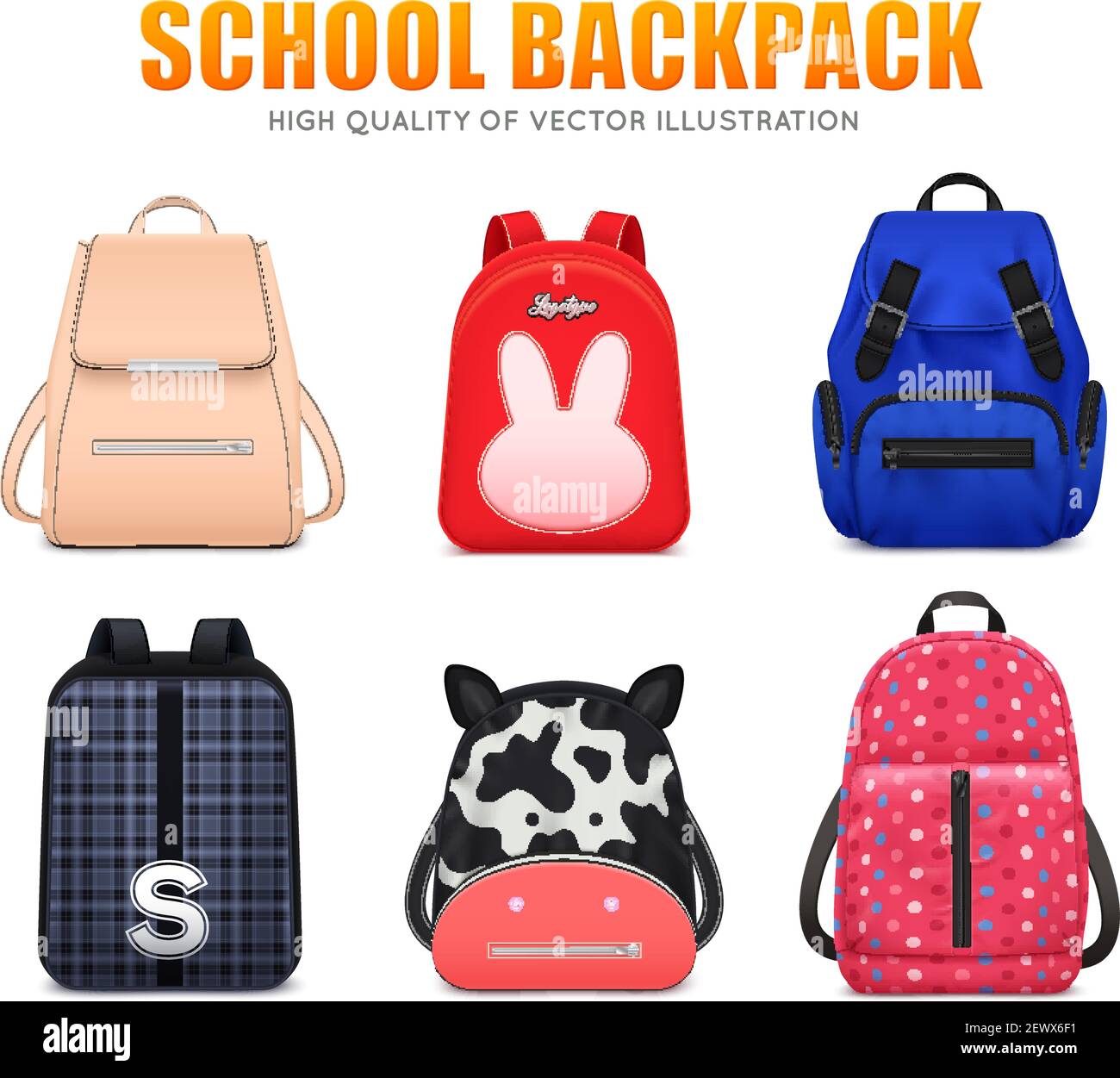 Escuela realista educación mochila bolsa equipaje juego de seis aislados  mochilas escolares de diferente forma y color ilustración vectorial Imagen  Vector de stock - Alamy