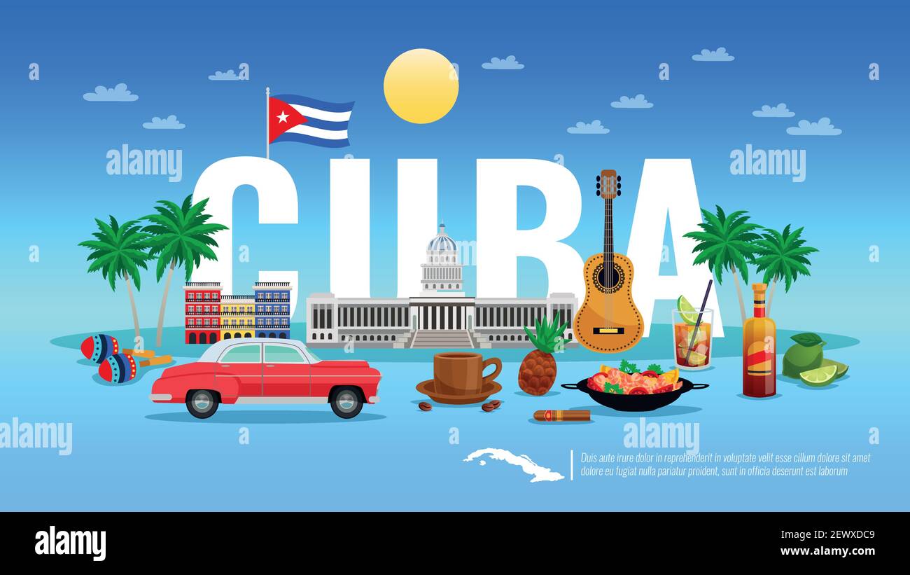 Cuba viajes fondo con el recurso y los símbolos de vacaciones vector plano ilustración Ilustración del Vector