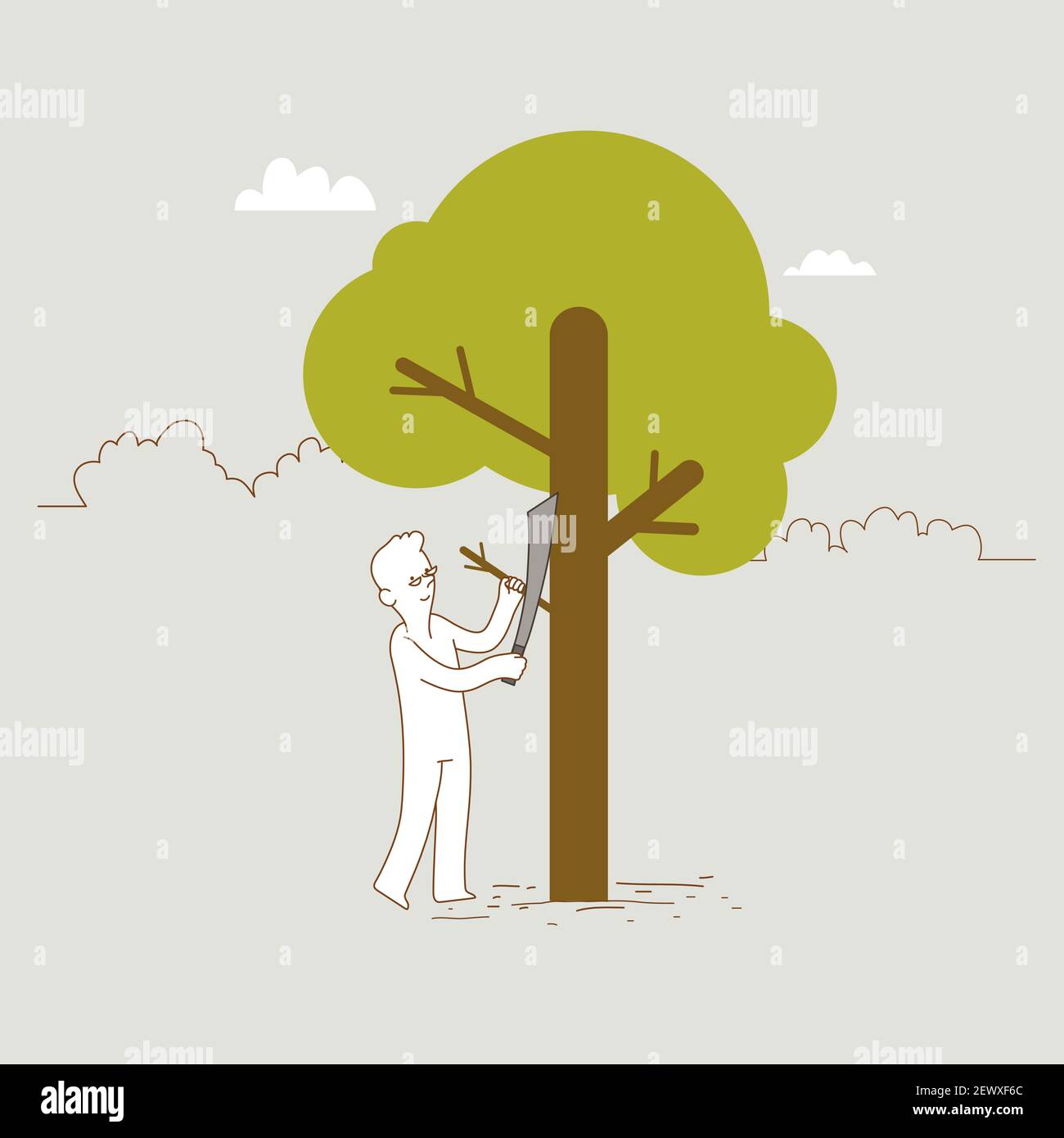 Hombre cortando rama del árbol con cuchillo grande. Ilustración del concepto para la manía, la jubilación. Diseño mínimo. Ilustración del Vector