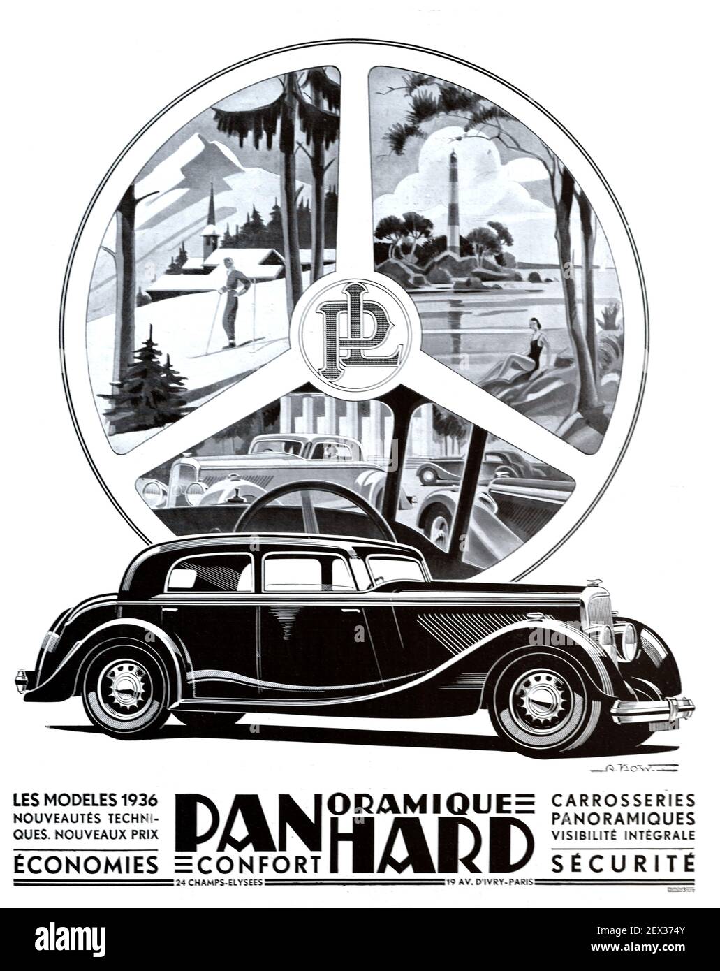 Vintage Anuncio, Publicidad o Publicidad para un Vintage Panhard Dynamic Range Car, automóvil o Motorcar 1935 Ilustración Mostrando Panhard Car e Imágenes turísticas de Mountain & sea View enmarcado por un volante Foto de stock