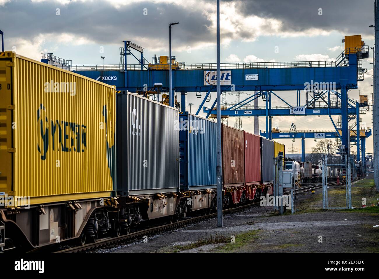 Los contenedores llegan en tren a Logport, DIT, Duisburg Intermodal Terminal, parte de la nueva Ruta de la Seda, desde China hasta Duisburg-Rheinhausen, NRW, Germ Foto de stock