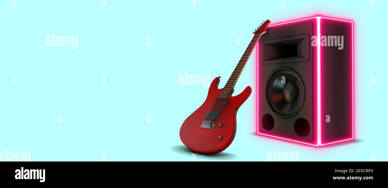 Guitarra eléctrica y amplificador de altavoz iluminado con neón rojo  concepto de luces sobre fondo azul 3d render Fotografía de stock - Alamy