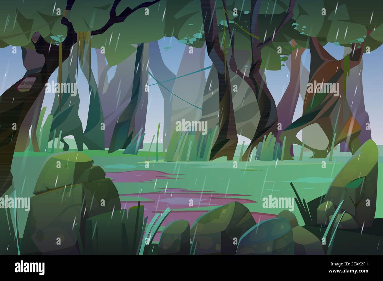 Lluvia en el bosque de verano. Escena de la selva, jardín o parque natural en el tiempo lluvioso. Paisaje de dibujos animados vectoriales de bosques con césped verde, charcos de agua, árboles, Lluvia en el bosque de verano. Escena de la selva, jardín o parque natural en el tiempo lluvioso. Paisaje de dibujos animados vectoriales de bosques con césped verde, charcos de agua, árboles,