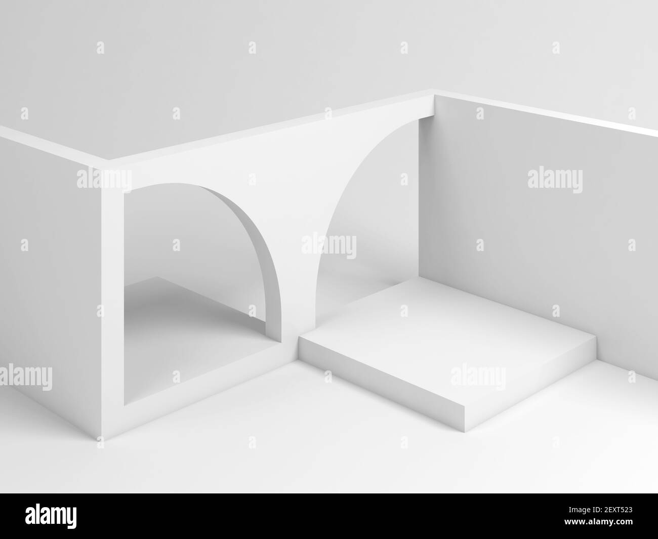 Abstracto blanco instalación arquitectónica de un cubo vacío bloques con arcos, 3D representación de la ilustración Foto de stock