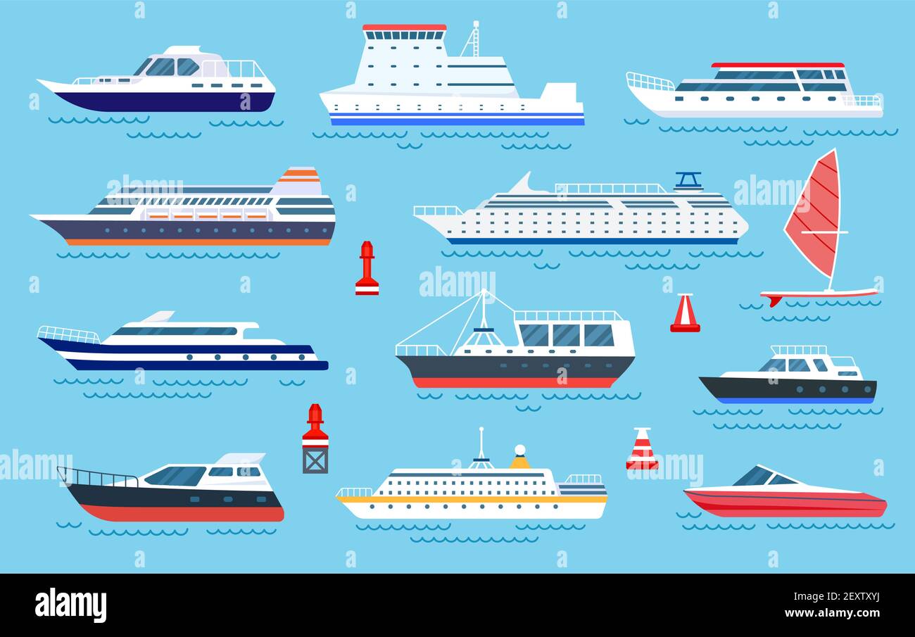 Buques planos. Lanchas rápidas, transporte Barcos de crucero planos, veleros y a motor. Cartoon transporte oceánico y transporte marítimo conjunto de vectores. Ilustración lancha motora y crucero, de velocidad