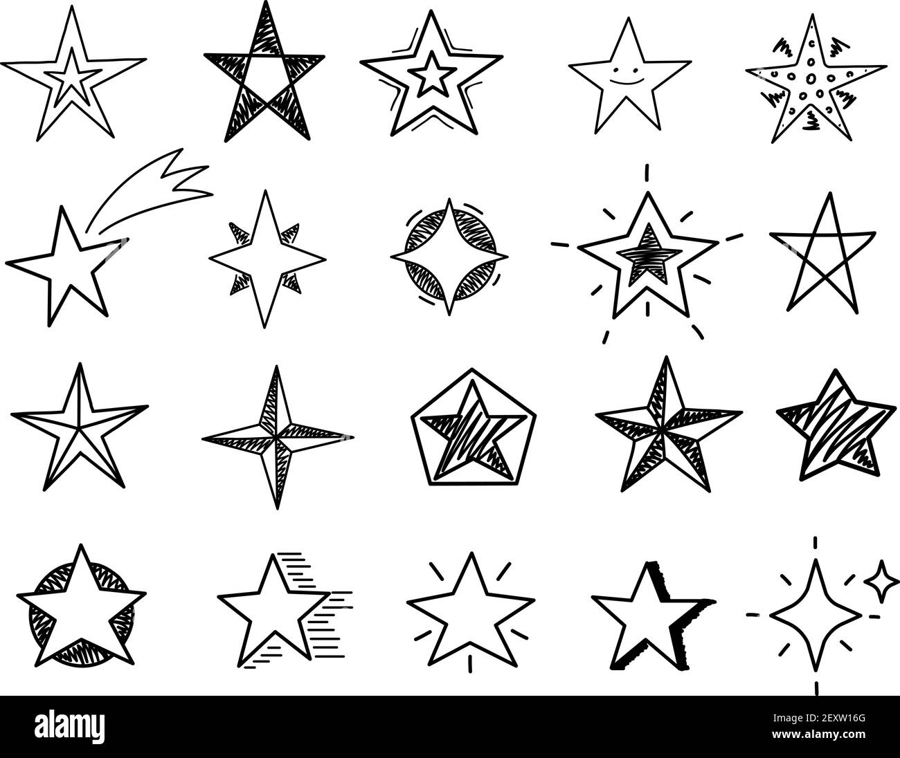 Estrellas dibujadas a mano. Dibujo de las formas de estrella, negro ...