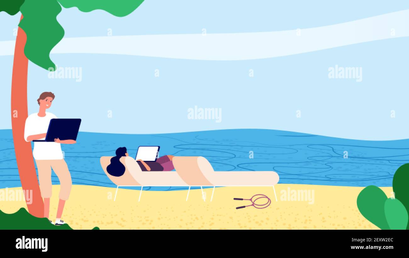 Gente que cambia a la baja. Personas planas que trabajan con ordenador  portátil por mar. Vector escapar de la oficina independiente concepto.  Hombre mujer personajes cuadernos de playa. Libertad de relajación  independiente,