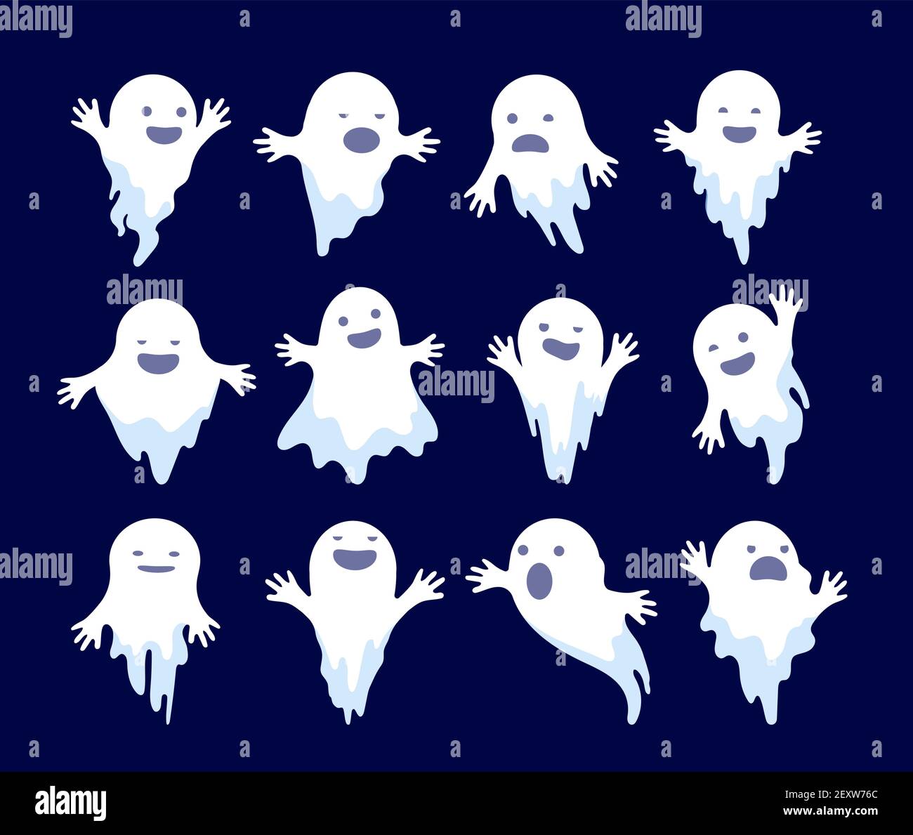 Fantasma. Fantasma fantasmal de Halloween, espíritus asustadizos. Misterio monstruos muertos dibujos animados vector personajes fantasmales. Ilustración fantasmal vacaciones, blanco fantasmal misterio ilustración Ilustración del Vector