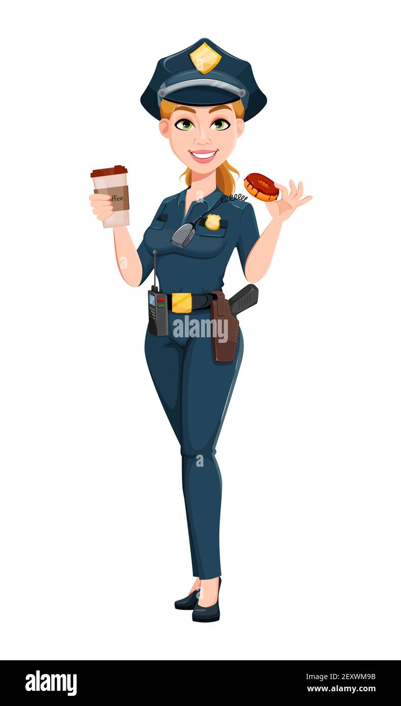 Mujer policial en uniforme. Oficial de policía chica personaje de dibujos  animados teniendo un descanso de café. Ilustración de vector de acciones  Imagen Vector de stock - Alamy
