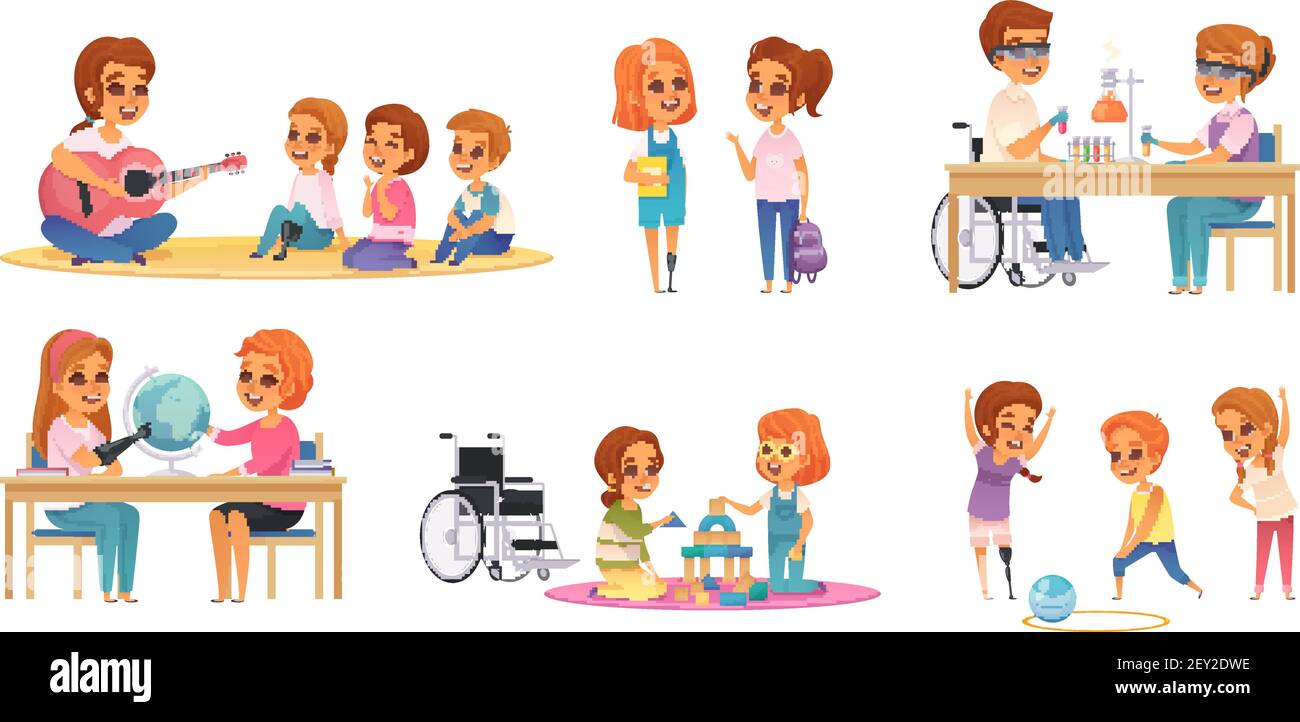 Color y dibujos animados inclusión inclusiva educación icono establecido  con discapacitados los niños aprenden y juegan a la ilustración vectorial  Imagen Vector de stock - Alamy