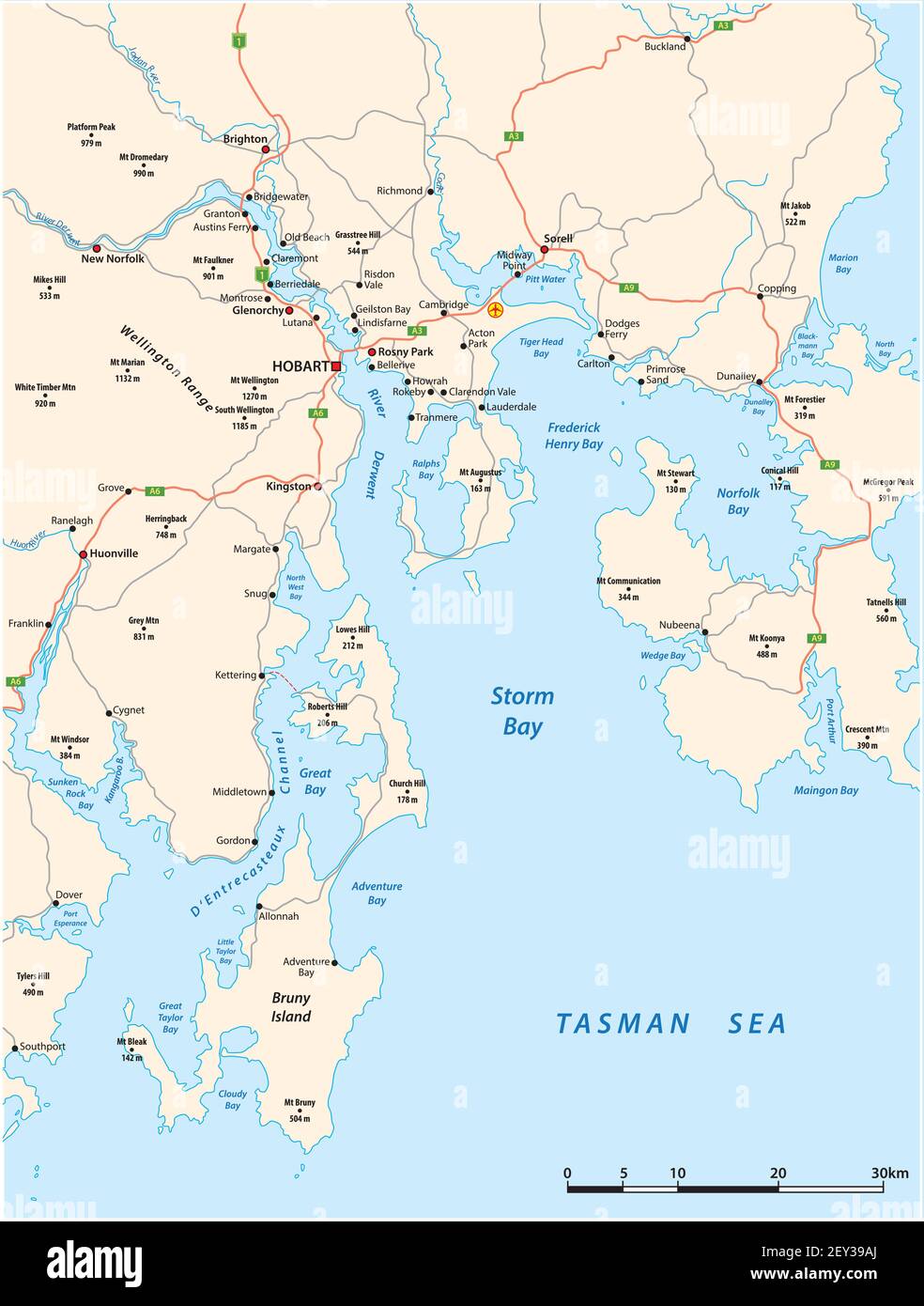 Mapa de vectores de carreteras del Gran Hobart, Tasmania, Australia Ilustración del Vector