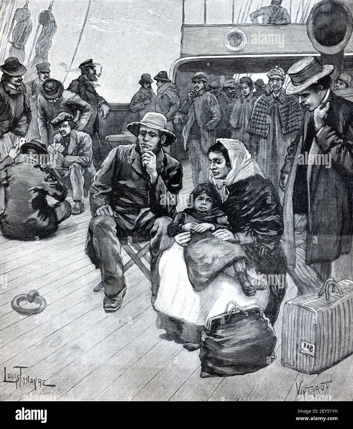 Inmigrantes europeos a bordo de un barco con destino al Nuevo Mundo, Norte o Sur Ammerica 1896 Vintage Illustration or Engraving Foto de stock