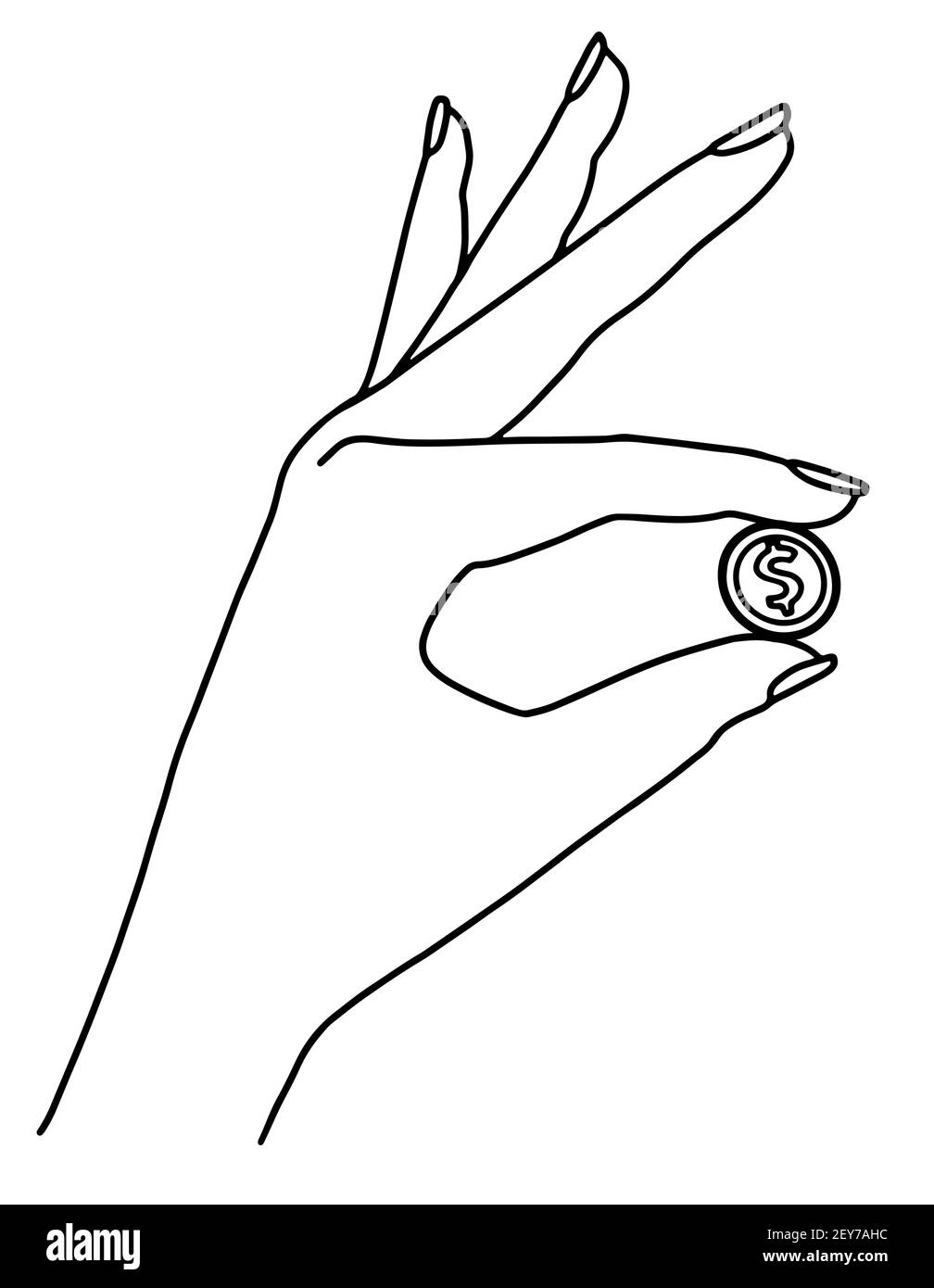 Mano femenina con línea de la moneda dibujando línea negra en blanco ilustración vectorial de fondo Ilustración del Vector