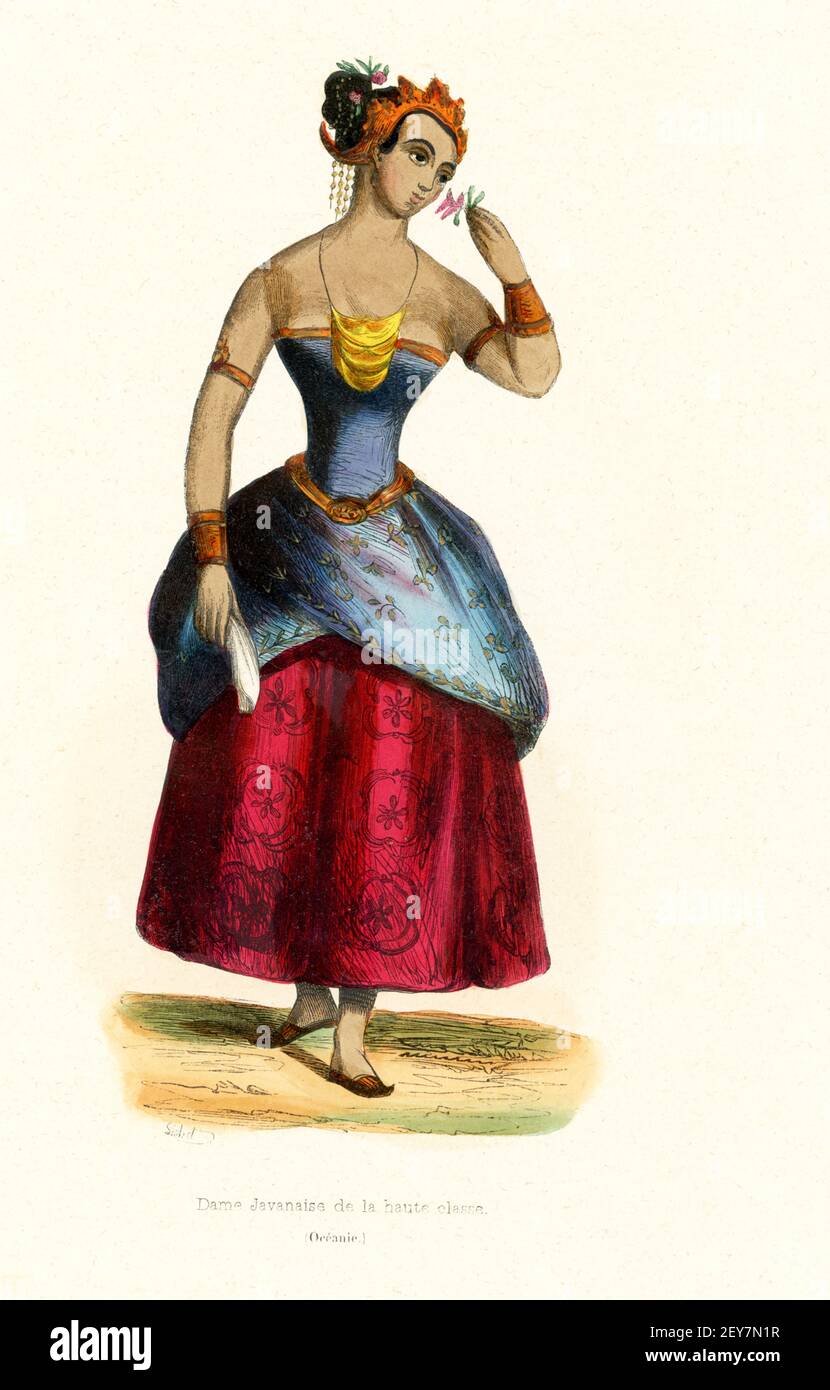 Esta ilustración de 1840s muestra a una dama de clase alta de Java. El pueblo javanés es un grupo étnico nativo de la isla Indonesia de Java. Con aproximadamente 100 millones de personas, constituyen el grupo étnico más grande de Indonesia. Se encuentran principalmente en las partes central y oriental de la isla. Java es parte del área del mundo conocida como Oceanía. Oceanía es una región geográfica que incluye Australasia, Melanesia, Micronesia y Polinesia. En los hemisferios oriental y occidental, Oceanía tiene una superficie de 8.525.989 kilómetros cuadrados. Foto de stock