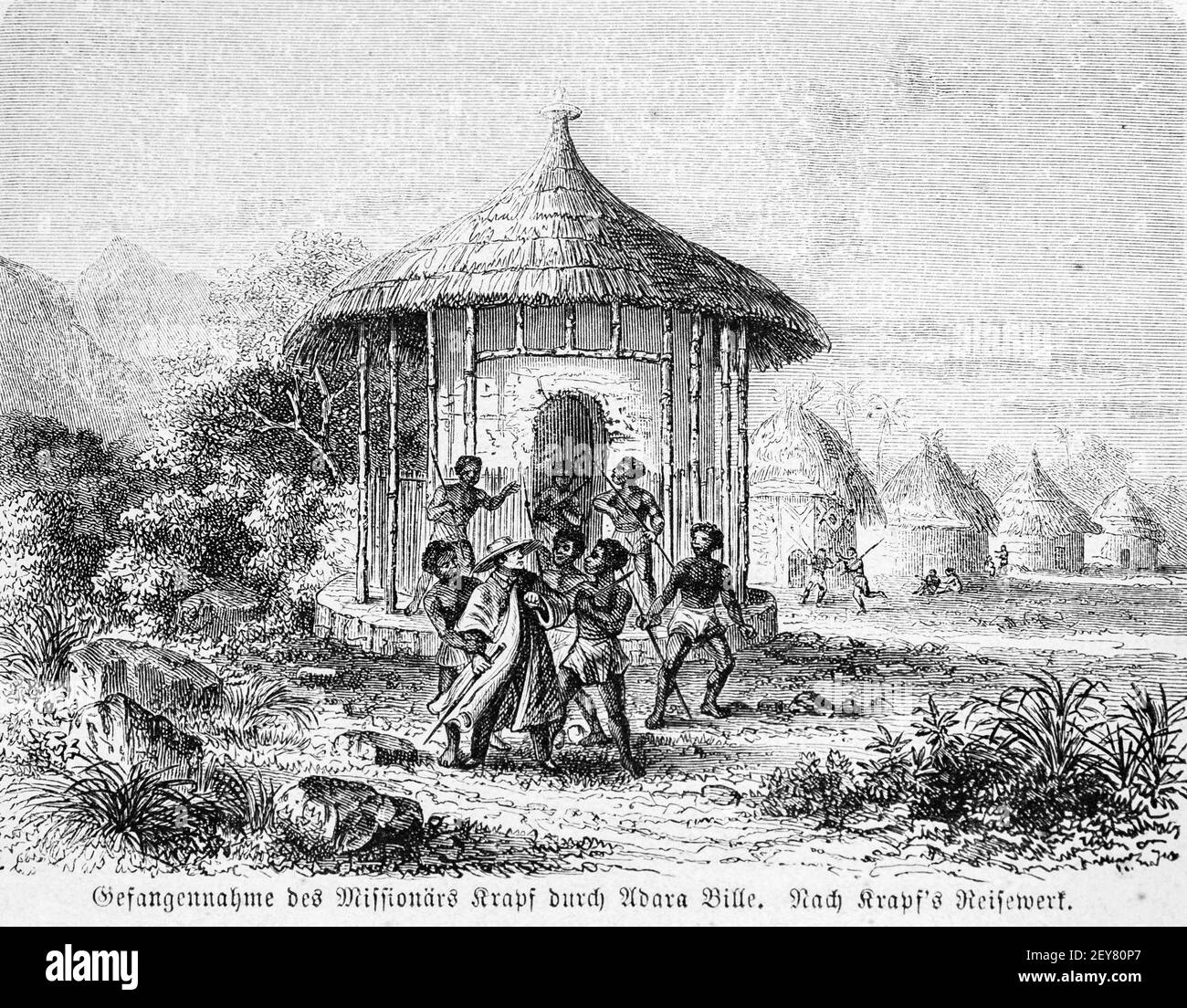 El misionero Krapf es tomado prisionero por Adara Bille, Dr. Richard Andree, Abessinien, Land und Volk, Leipzig 1869 Foto de stock