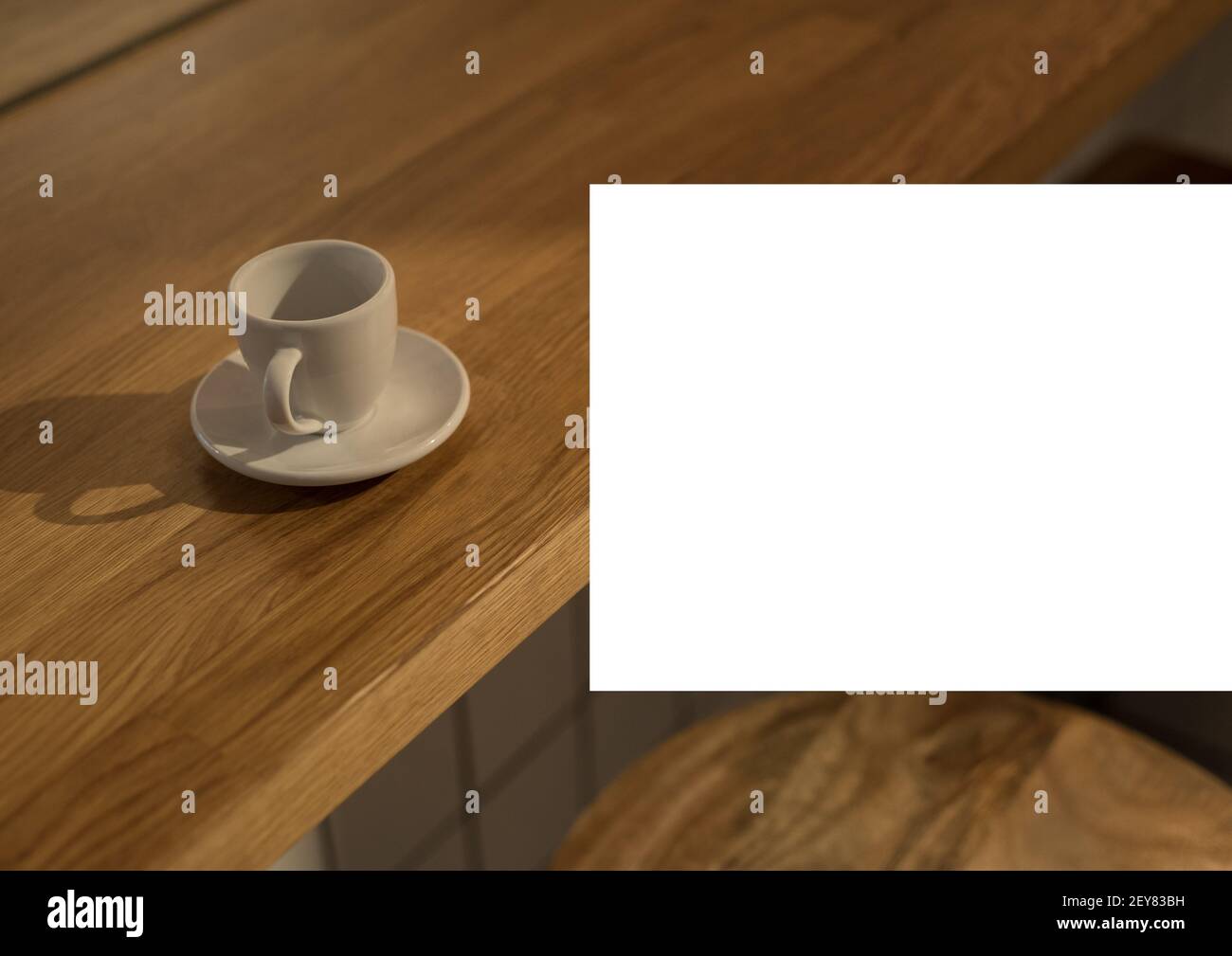Ilustración con foto de taza de café sobre mesa de madera con rectángulo blanco Foto de stock