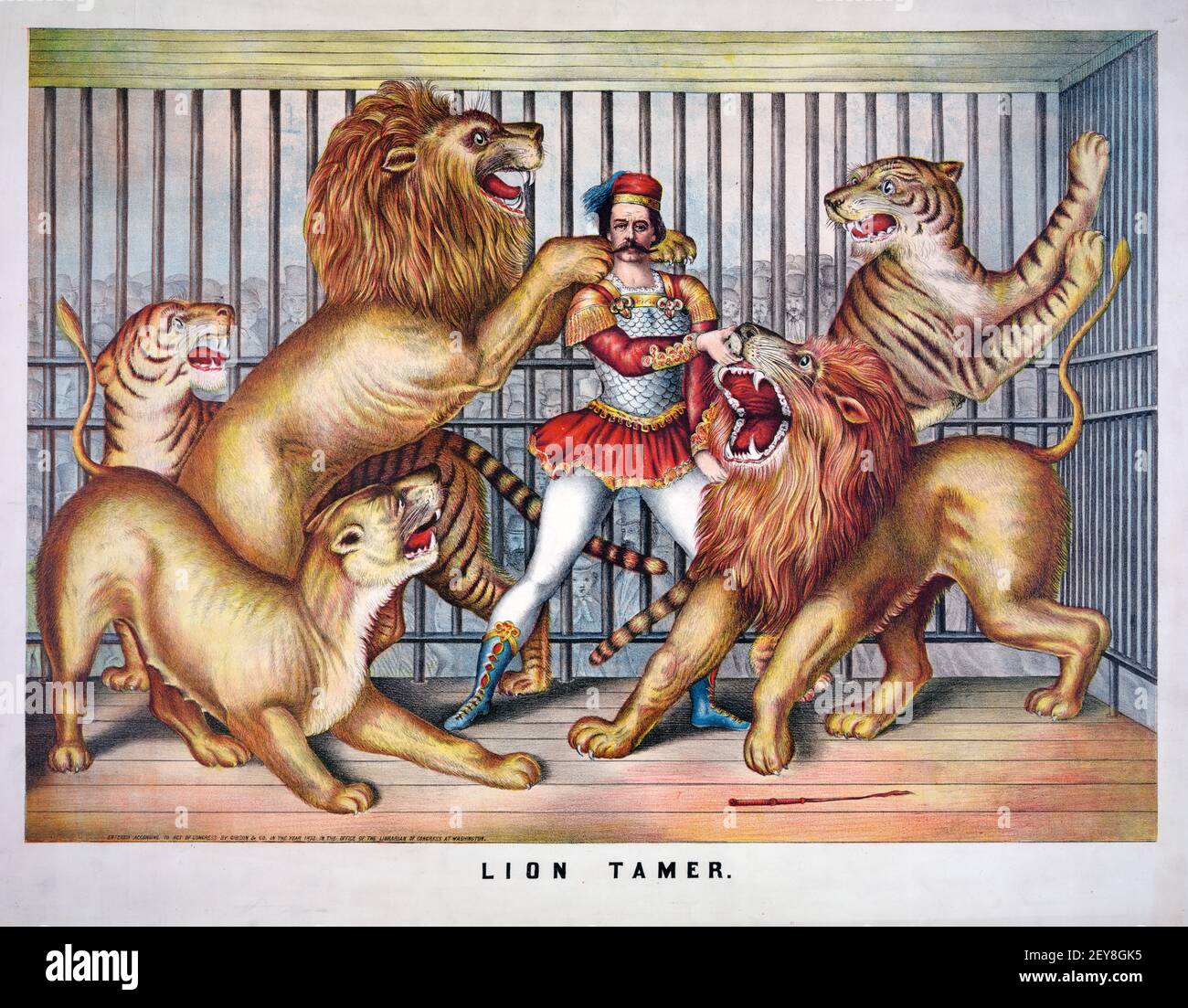 Póster de estilo antiguo y vintage, 'The Lion Tamer'. Hombre en jaula con  leones y tigres Fotografía de stock - Alamy