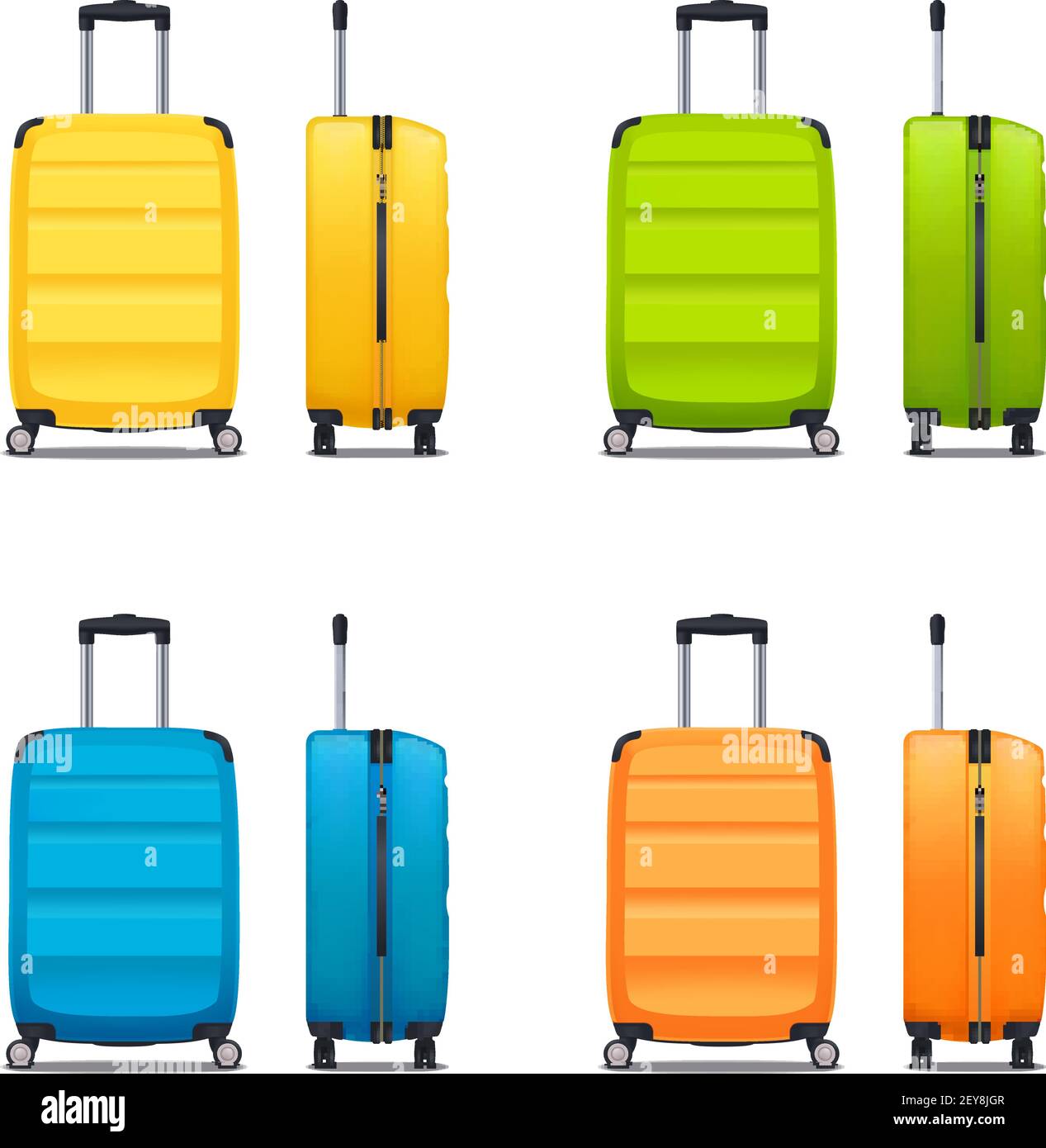 Colorido conjunto de modernas maletas de plástico con ruedas y retráctil asa en vista frontal lateral ilustración vectorial realista Imagen Vector de stock - Alamy