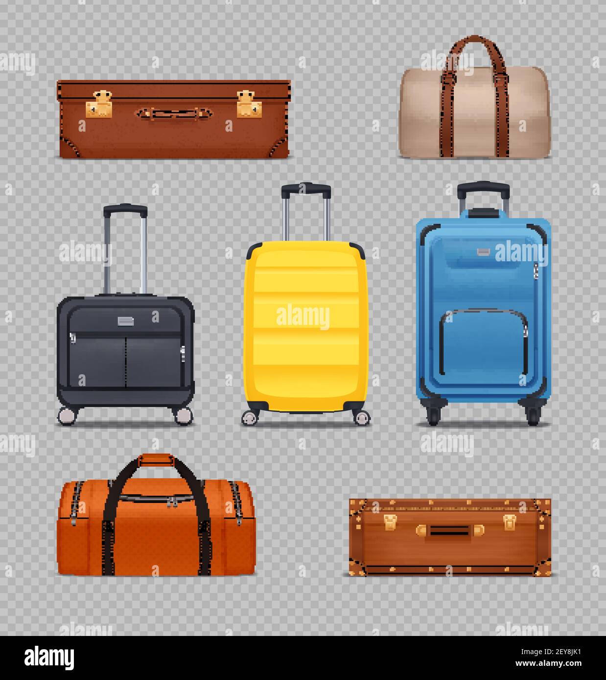 Juego transparente de modernos luggages de plástico con ruedas y retráctil  asa y maletas vintage ilustración vectorial realista Imagen Vector de stock  - Alamy