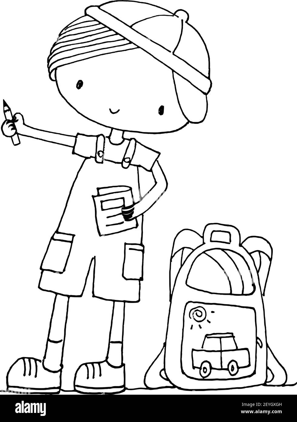 vector negro y blanco dibujos animados niño sostener libro y lápiz Imagen  Vector de stock - Alamy