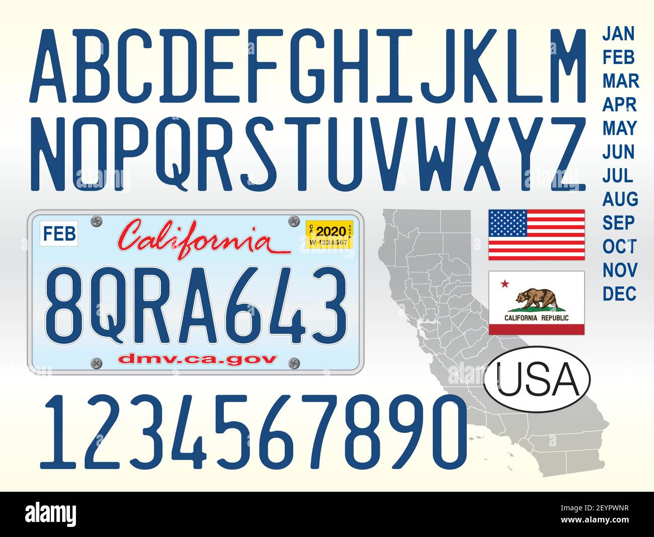 Placa de matrícula de vehículos de California, letras, números y símbolos, Estados Unidos Ilustración del Vector