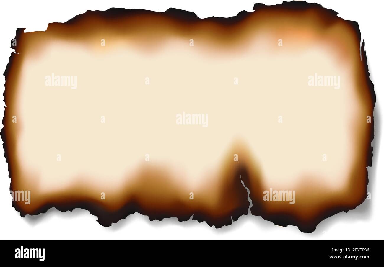 Hoja quemada aislada de papel dañada. Vector pergamino quemado