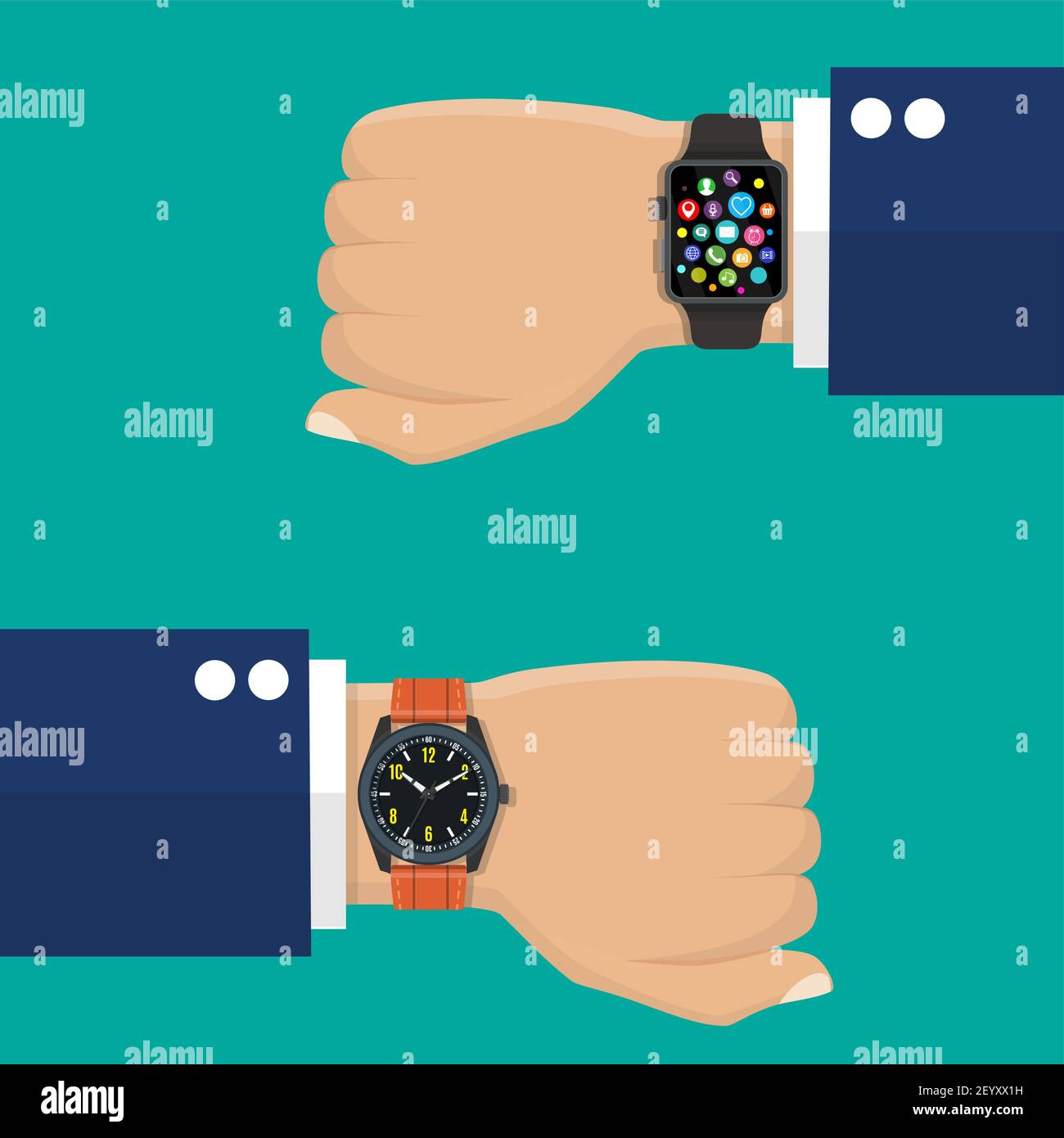 Reloj analógico y reloj inteligente en la mano de un hombre de negocios  Imagen Vector de stock - Alamy