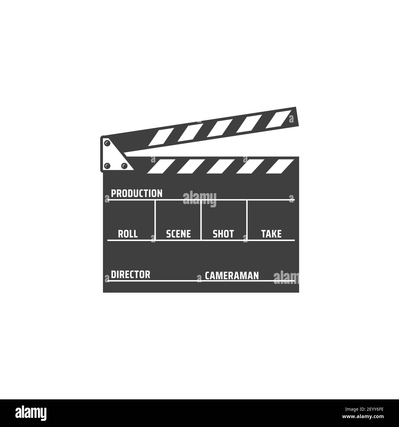 Clapper board aislado película de producción de escritorio monocromo icono.  Vector de disparo de vídeo instrumento con mención de la escena y el número  de disparo, director y vino Imagen Vector de