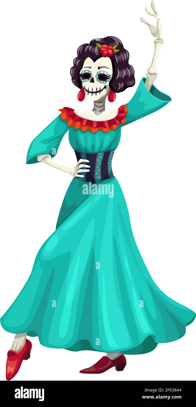 Mujer esqueleto en vestido azul con rosas bailarina aislada. Vector Catrina calavera, día de muertos Imagen Vector de stock - Alamy Mujer esqueleto en vestido azul con rosas bailarina aislada. Vector Catrina calavera, día de muertos Imagen Vector de stock - Alamy