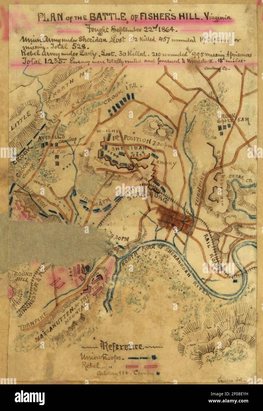 Plan de la batalla de Fisher's Hill, Virginia. Luchó el 22nd de septiembre de 1864. Foto de stock