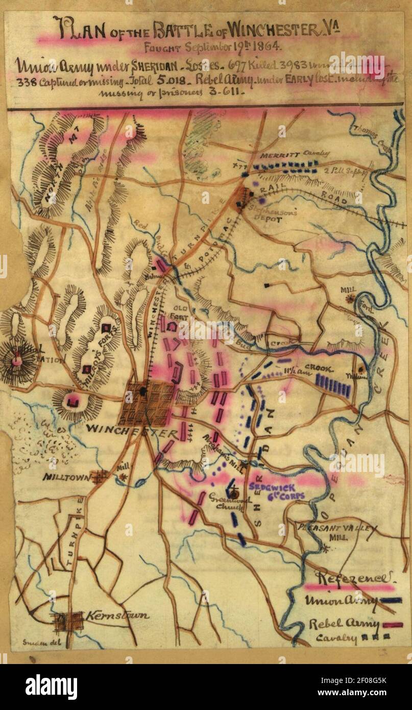 Plan de la batalla de Winchester, Virginia, luchó el 19th de septiembre de 1864. Foto de stock