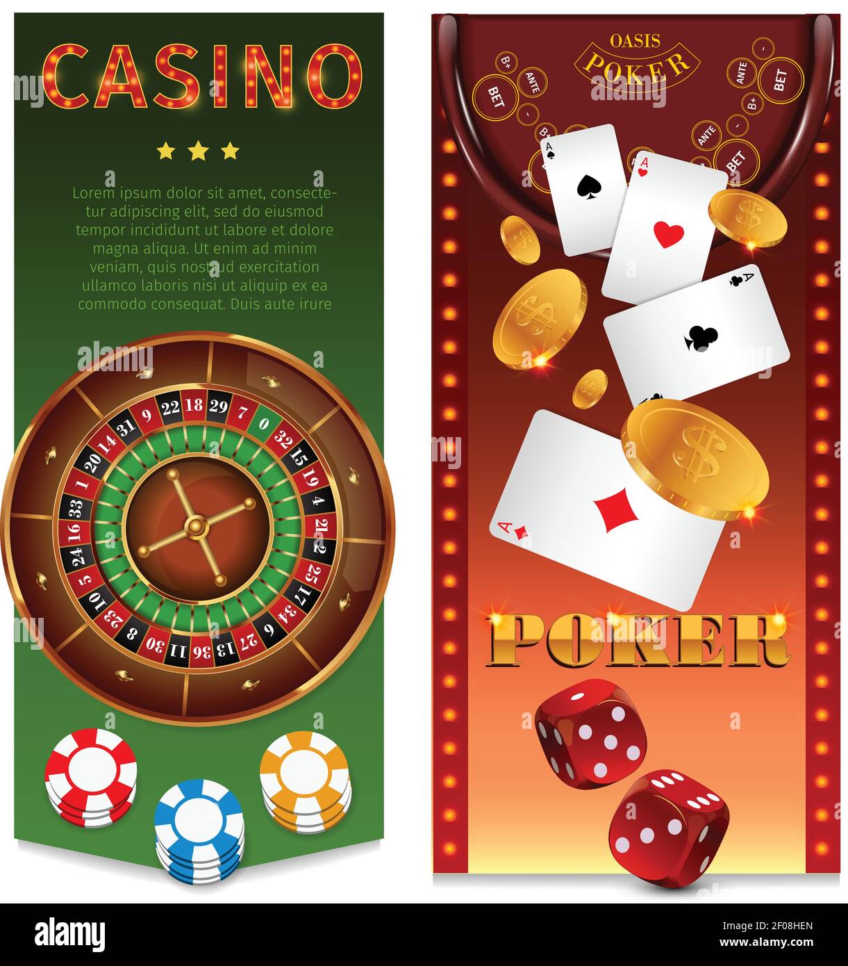 Banners verticais de jogos de cassino realista com fichas de roleta jogando  cartas dados de moedas de ouro de mesa de pôquer
