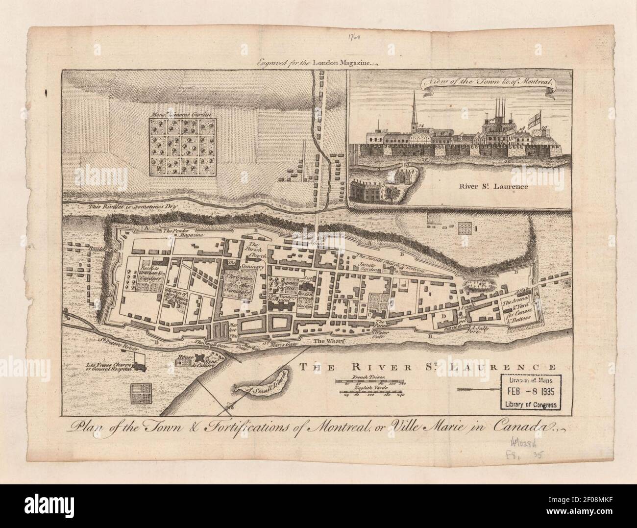 Plan de la ciudad y fortificaciones de Montreal, o Ville Marie en Canadá Foto de stock