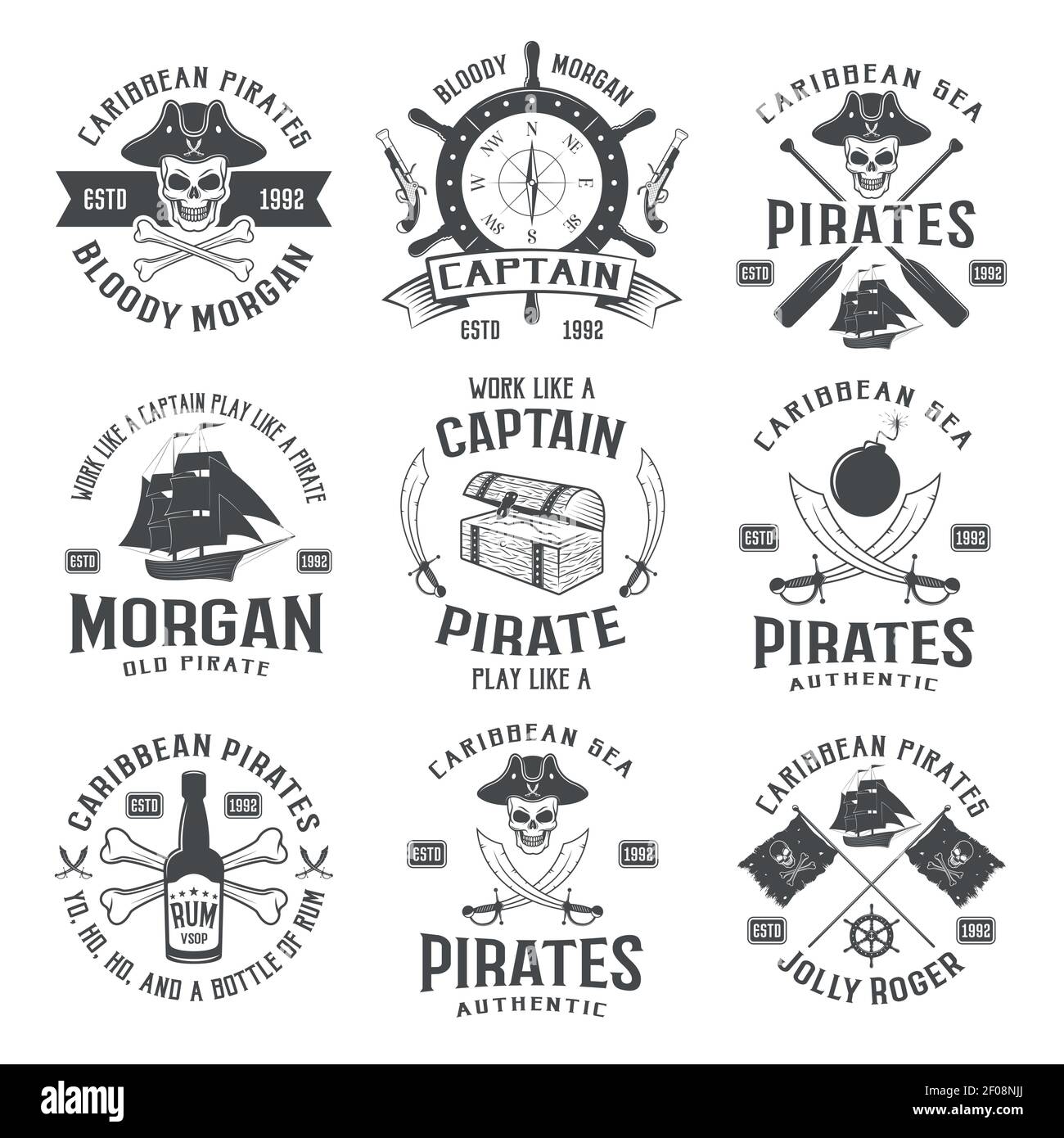 Los ladrones de mar monocroma emblemas con el símbolo de la brújula armas  velero ilustración vectorial aislada de cinta torácica de botella de ron  Imagen Vector de stock - Alamy