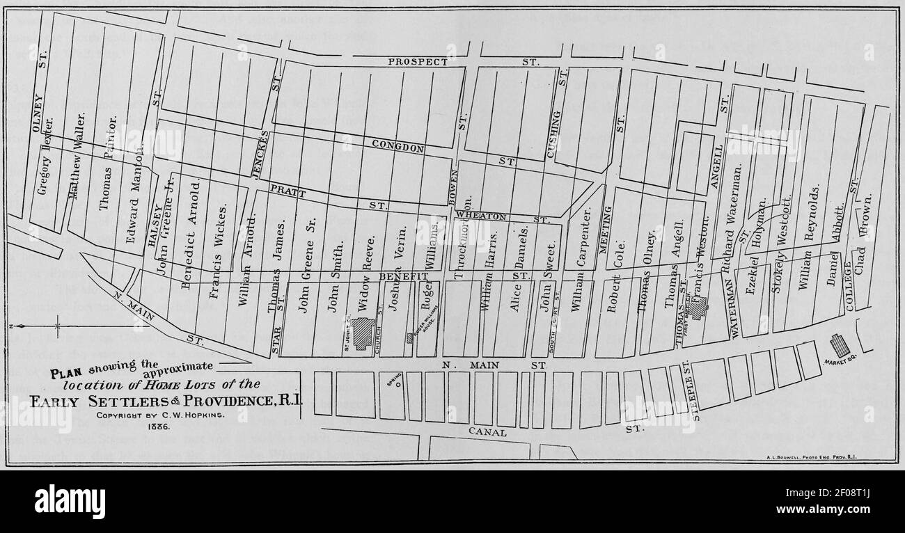 Plan que muestra la ubicación aproximada de la Casa lotes de primeros colonos de Providence, R.I. Foto de stock