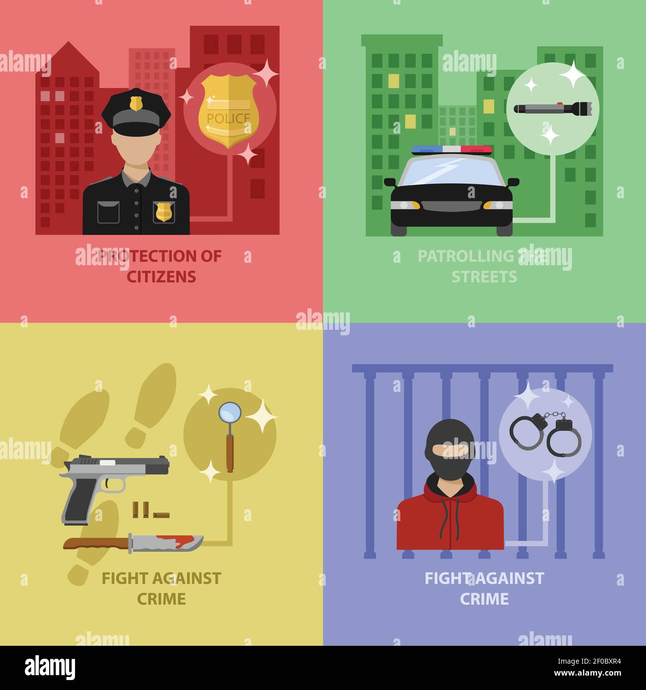 Concepto de trabajo policial con protección de los ciudadanos patrulla callejera lucha contra los delitos ilustración vectorial aislada Ilustración del Vector