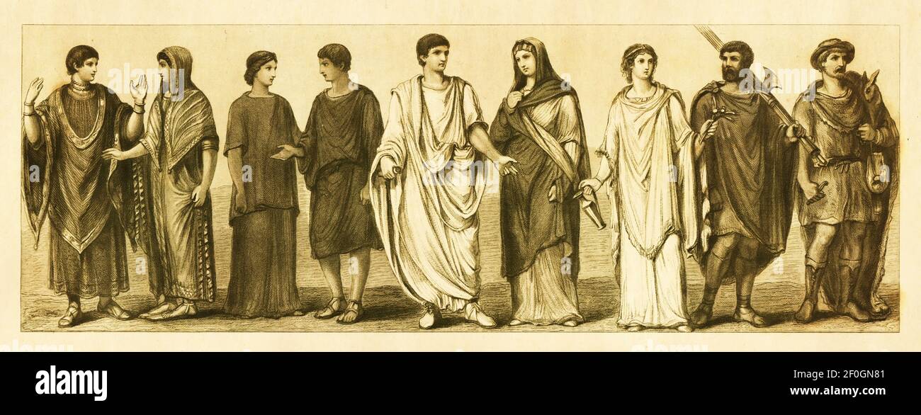 Ilustración antigua de antiguos trajes romanos. De izquierda a derecha: 1 -  traje nacional etrusco, 2 - traje nacional romano antiguo, 3 - Nat de la  mujer Fotografía de stock - Alamy