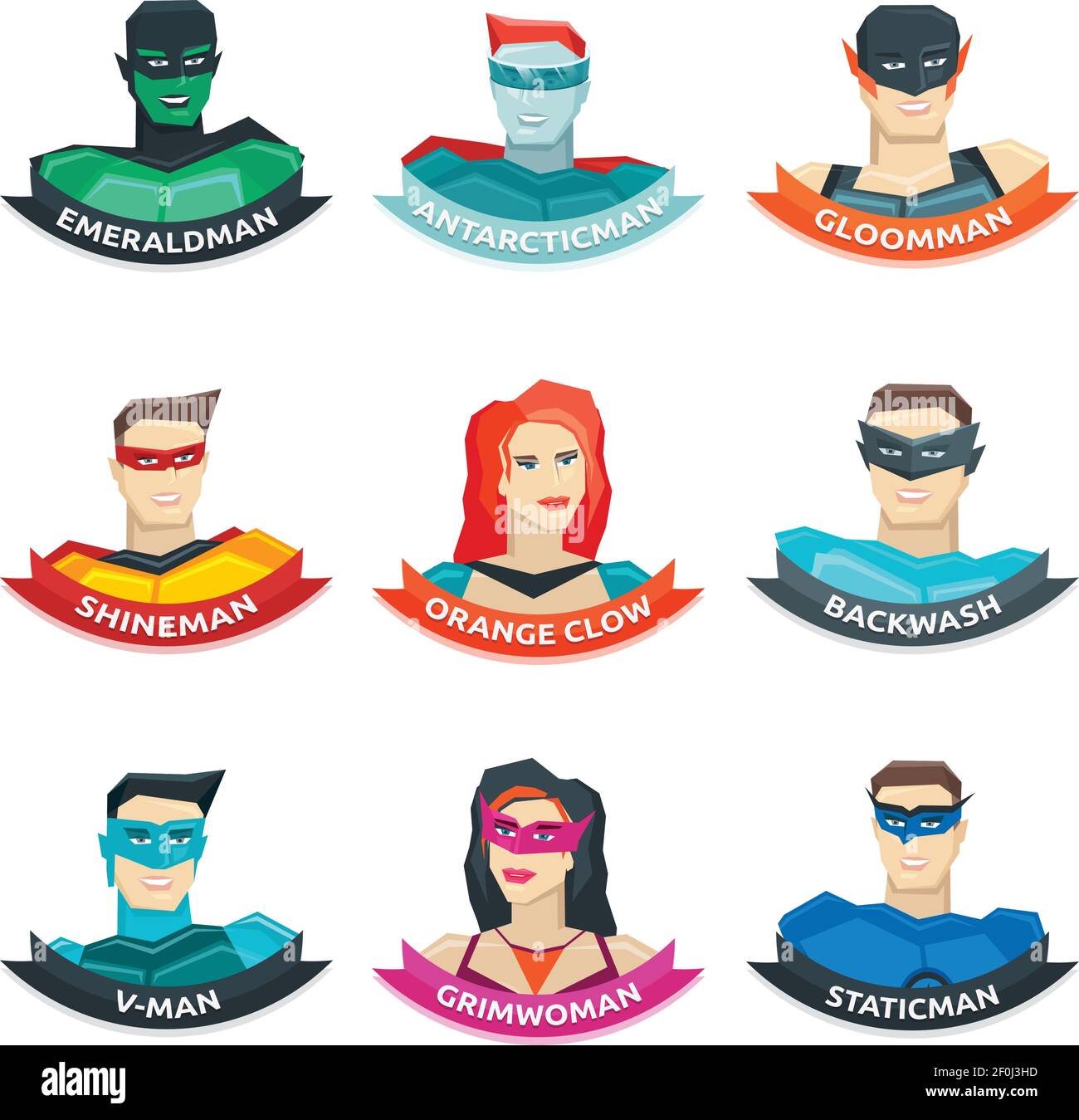 Colección de avatares superhéroes con hombres y mujeres en ropa de colores  cintas con nombres ilustración vectorial aislada Imagen Vector de stock -  Alamy