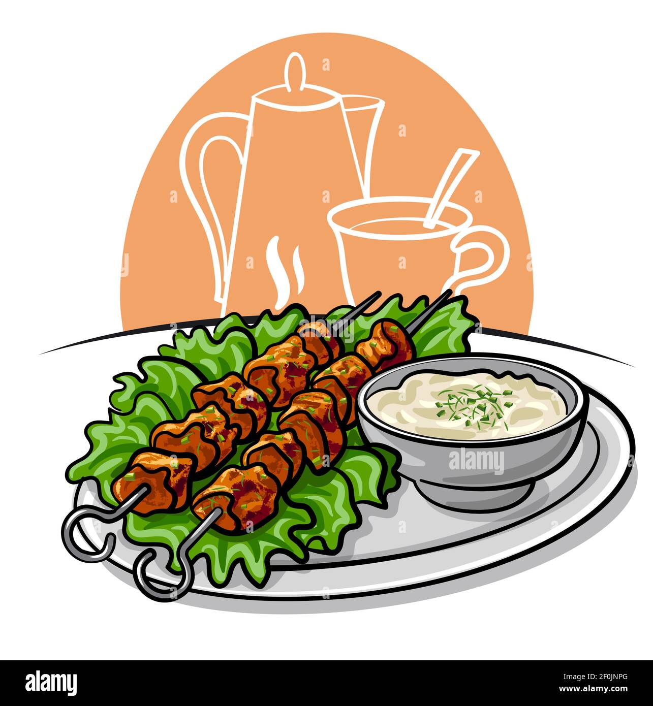 ilustración del kebab de tawook con salsa y lechuga y lechuga en el plato Ilustración del Vector
