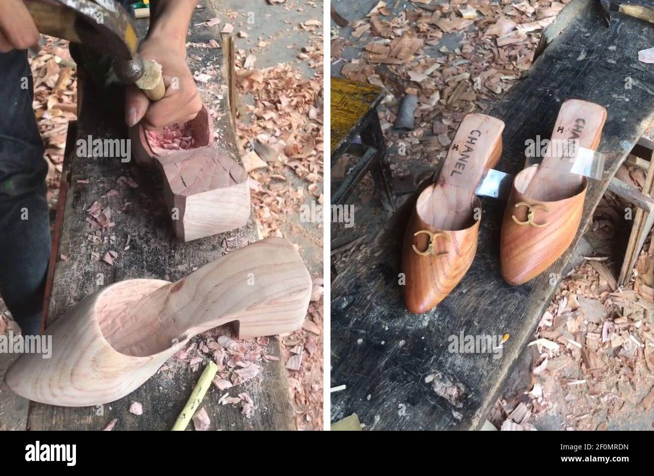 En esta foto sin fecha y compuesta, un chino de 24 años, An Xu, hace un par  de zapatos de madera de Chanel para su novia en casa en la ciudad de