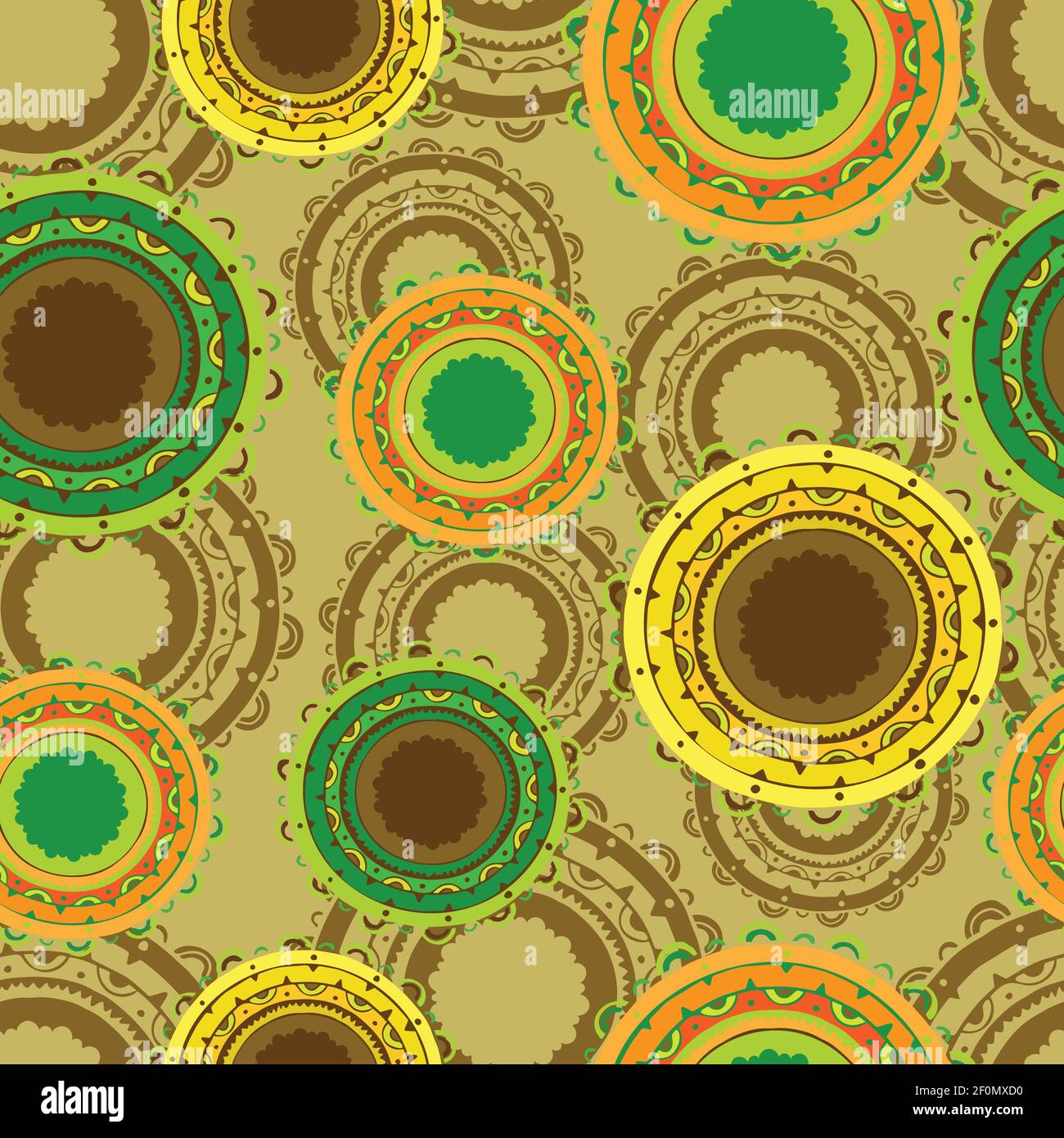 Patrón vectorial retro sin costuras con discos amarillos como círculos sobre fondo beige. Diseño abstracto de papel pintado de estilo vintage con marrón y verde. Ilustración del Vector