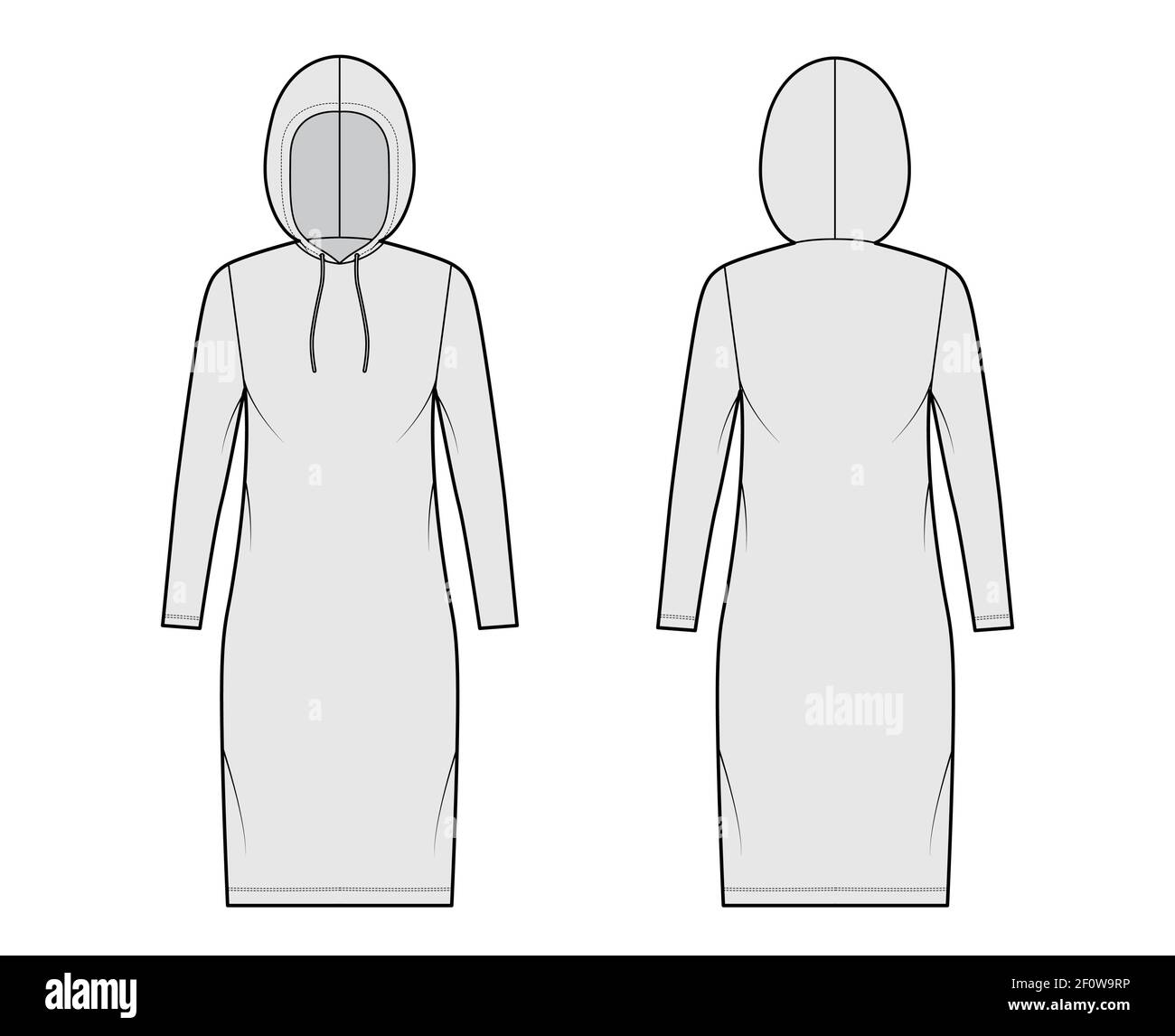 Hoody vestido ilustración técnica de moda con mangas largas, longitud de la rodilla, cuerpo de gran tamaño, relleno lápiz. Suéter plano ropa plantilla frontal, espalda, estilo de color gris. Mujeres, hombres, unisex Hoody vestido ilustración técnica de moda con mangas largas, longitud de la rodilla, cuerpo de gran tamaño, relleno lápiz. Suéter plano ropa plantilla frontal, espalda, estilo de color gris. Mujeres, hombres, unisex