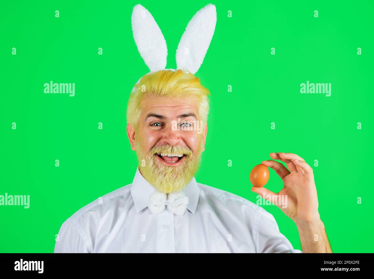 Día de Pascua. Macho de barba feliz con orejas de conejo con huevo de Pascua. Caza de huevos. Hombre conejito. Foto de stock