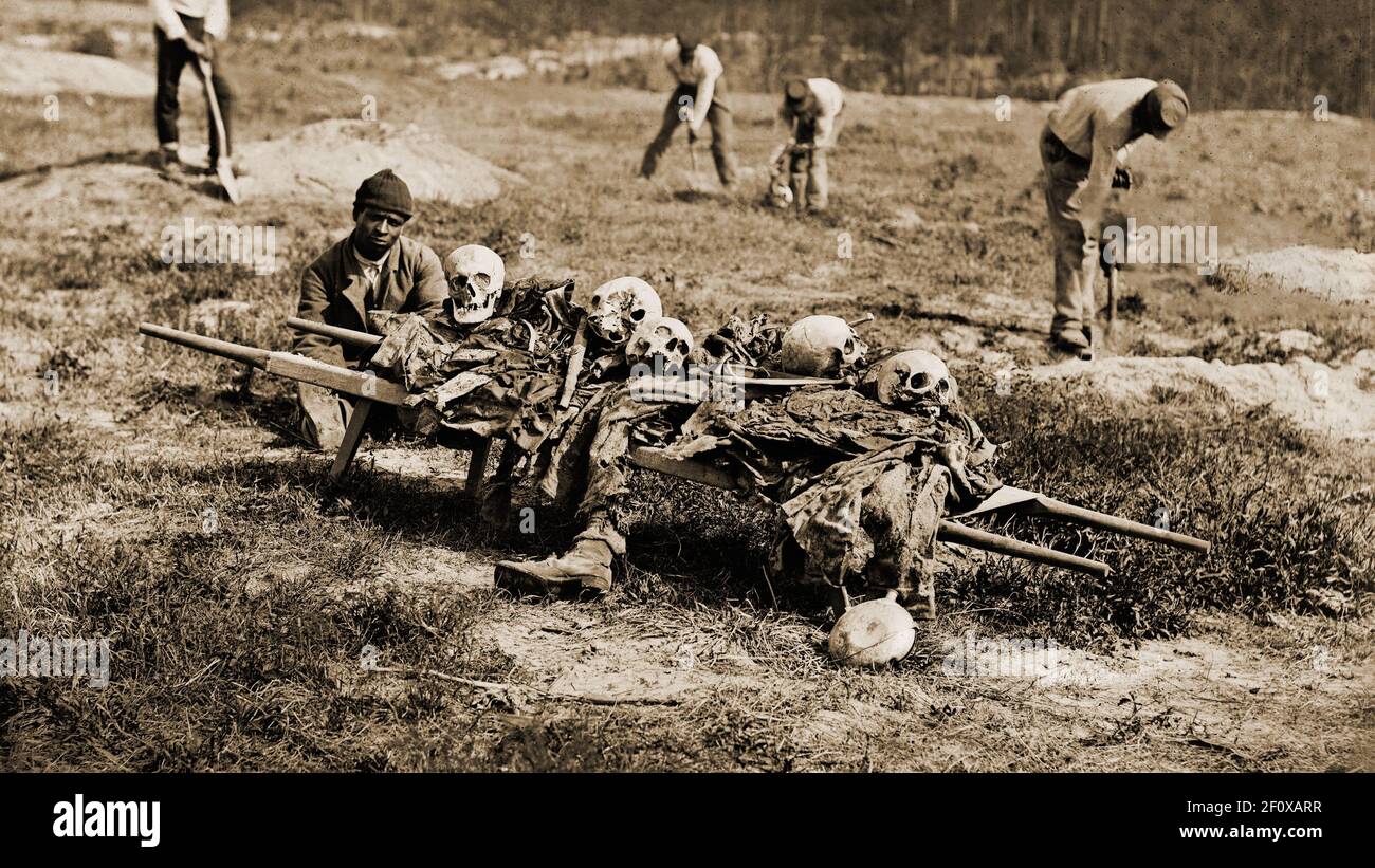 Afroamericanos recogiendo huesos de soldados muertos en la batalla Grant's Wilderness Campaign, Cold Harbor, Virginia. Mayo-junio de 1864. Foto de stock