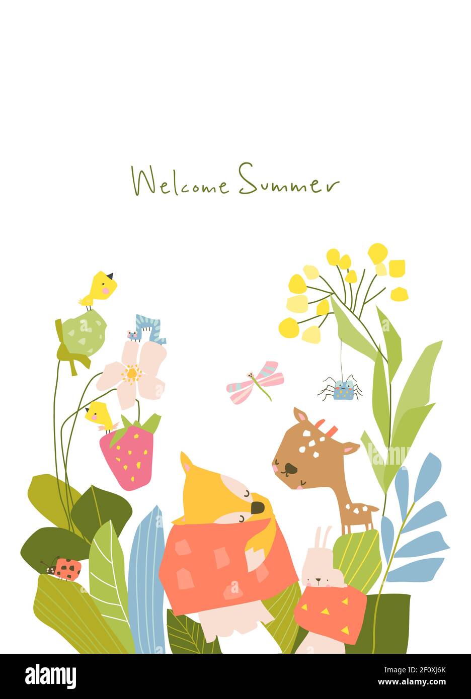 Pequeños animales de dibujos animados en plantas y flores de verano Imagen  Vector de stock - Alamy