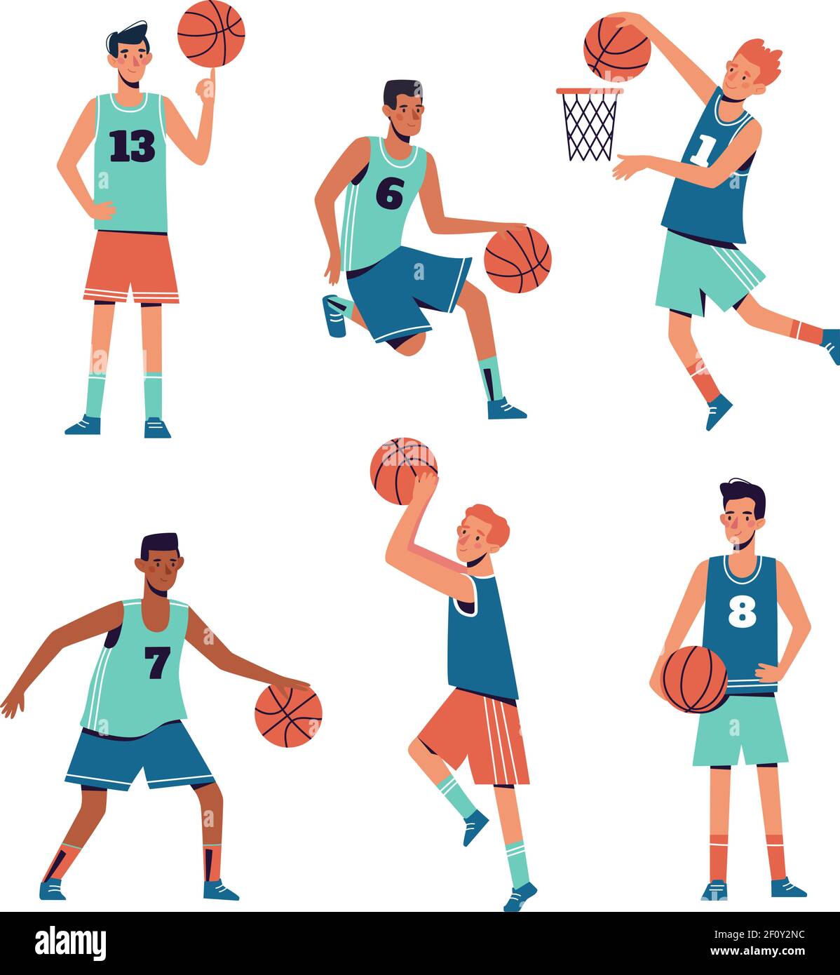 Los hombres están jugando al baloncesto. Concepto de diseño plano con  chicos que se van a los deportes jugando al balón. Ilustraciones  vectoriales de atletas sobre fondo blanco Imagen Vector de stock -