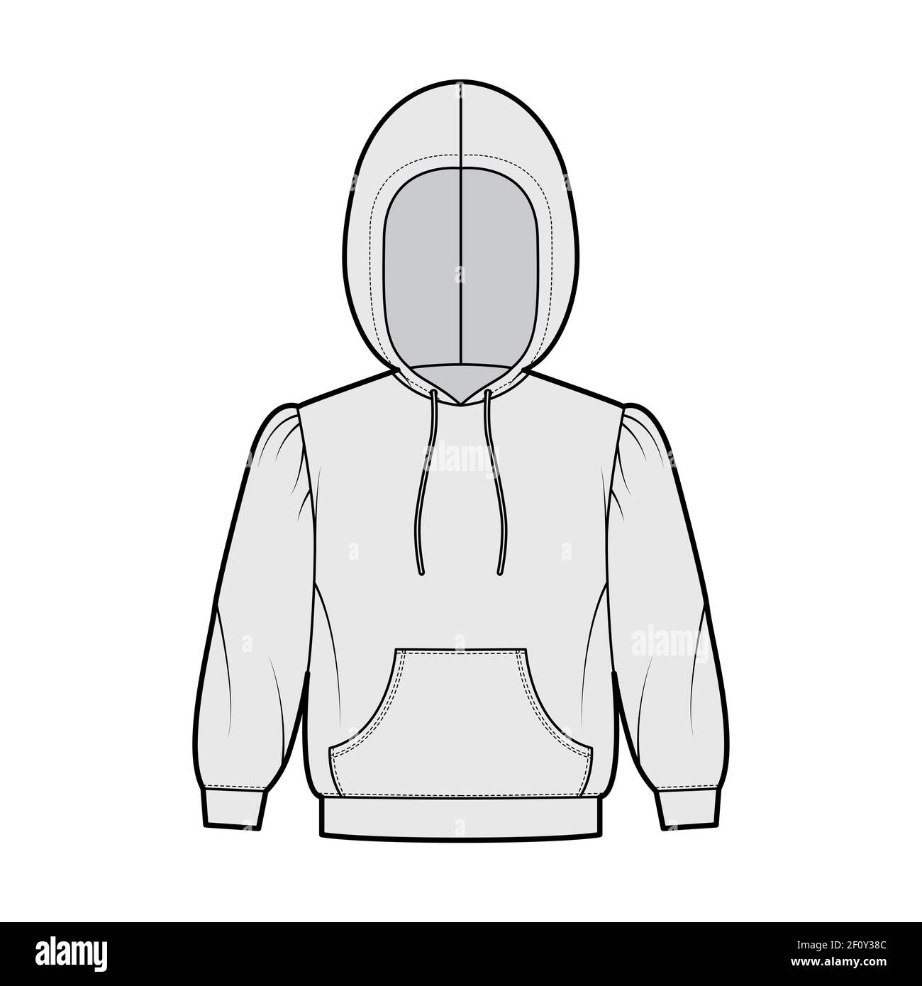 Sudadera con capucha ilustración técnica de moda con mangas de codo, cuerpo  relajado, bolsa de canguro, dobladillo con banda, cordón ajustable.  Plantilla de indumentaria plana en la parte delantera, color gris. Mujeres,