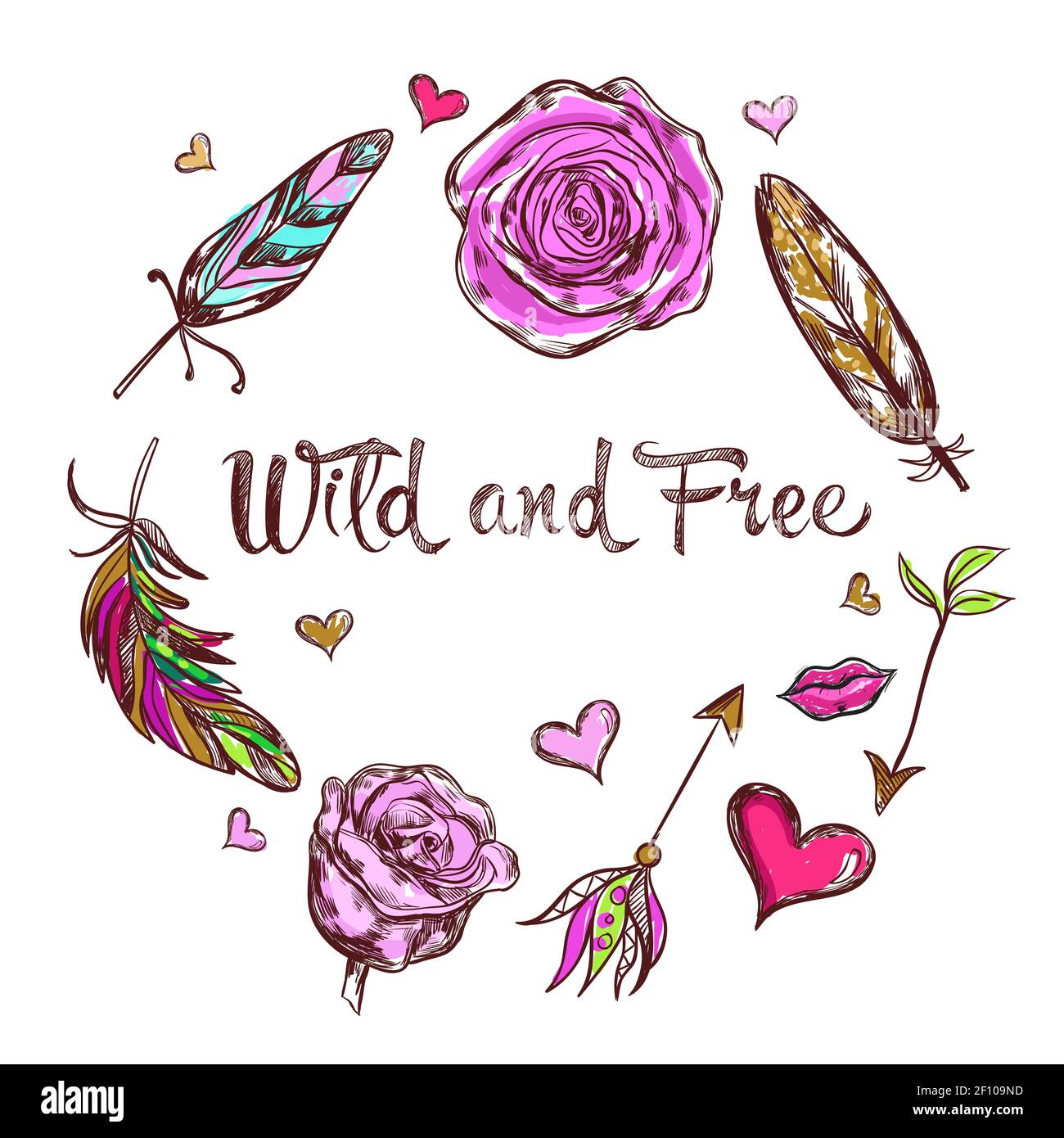 Bosquejo hipster boho moda composición círculo con flores y plumas y el título de la ilustración vectorial salvaje y libre Imagen Vector de stock - Alamy Bosquejo hipster boho moda composición círculo con flores y plumas y el título de la ilustración vectorial salvaje y libre Imagen Vector de stock - Alamy